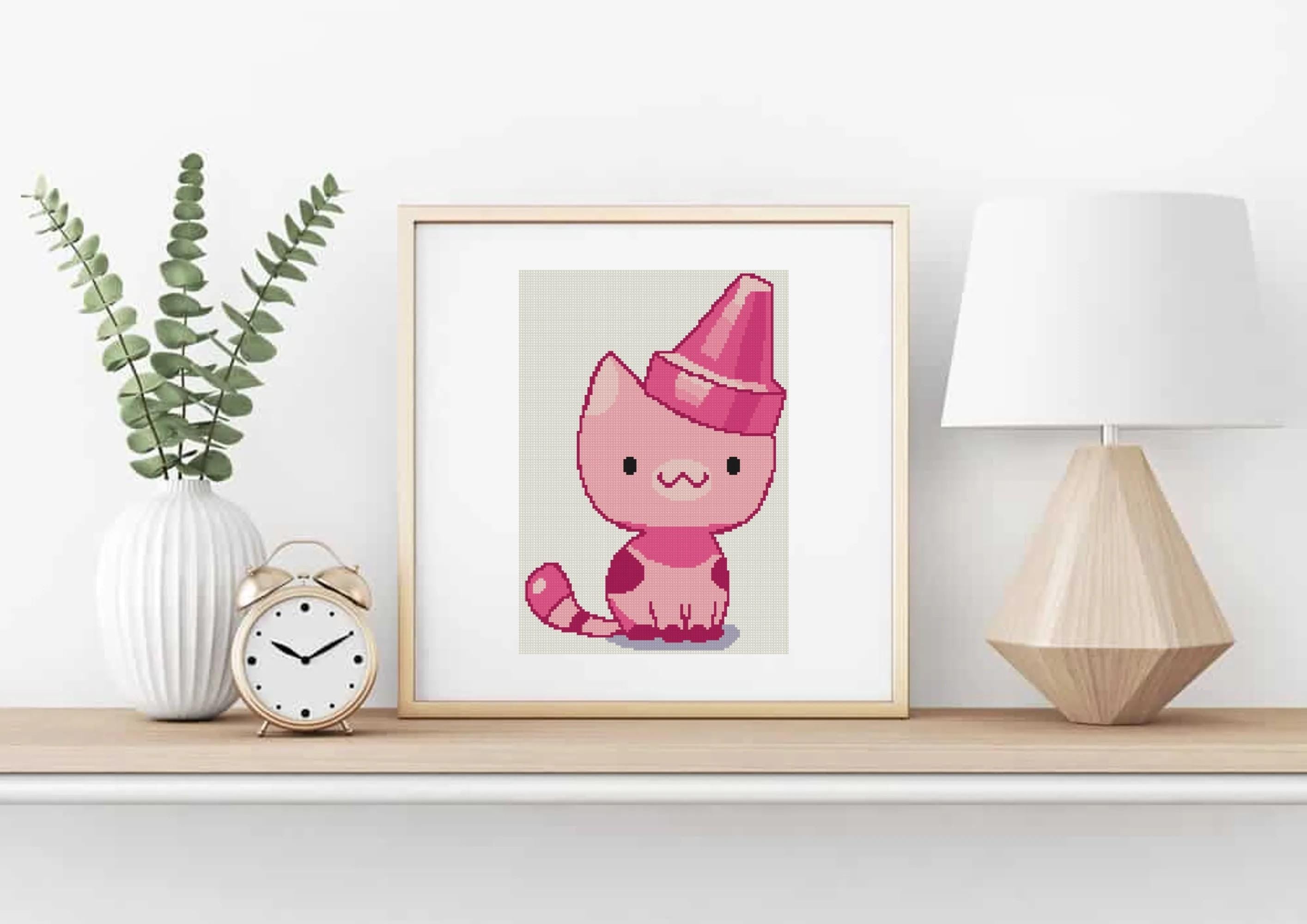 Pink Crayon Cat Cross Stitch Pattern