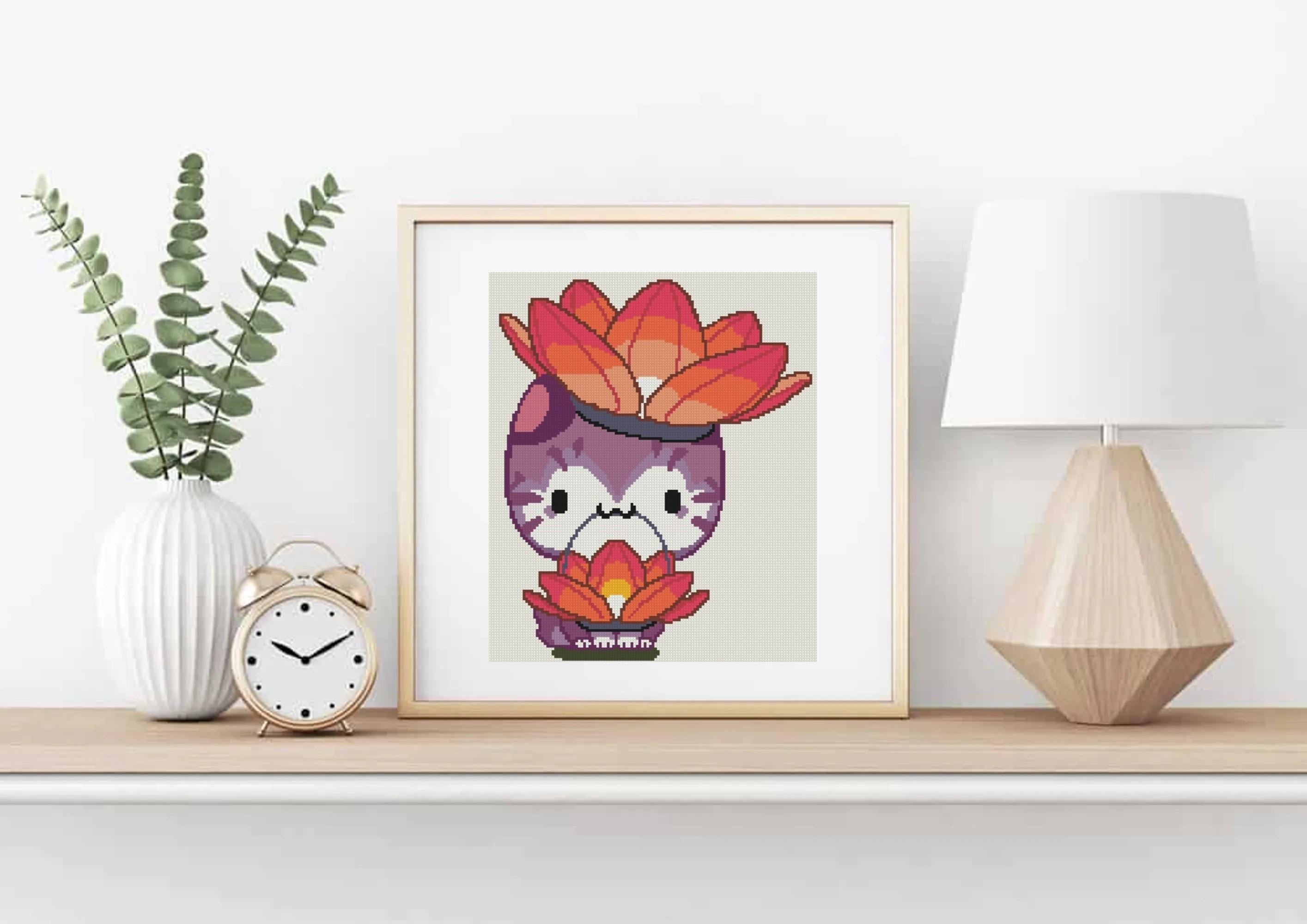 Cat with Flower Lantern Cross Stitch Pattern