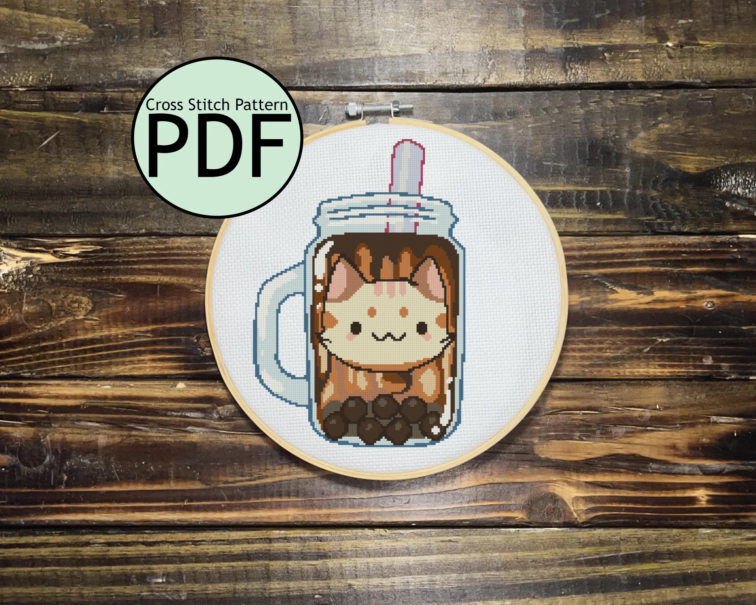 Brown Sugar Boba Cat Cross Stitch Pattern