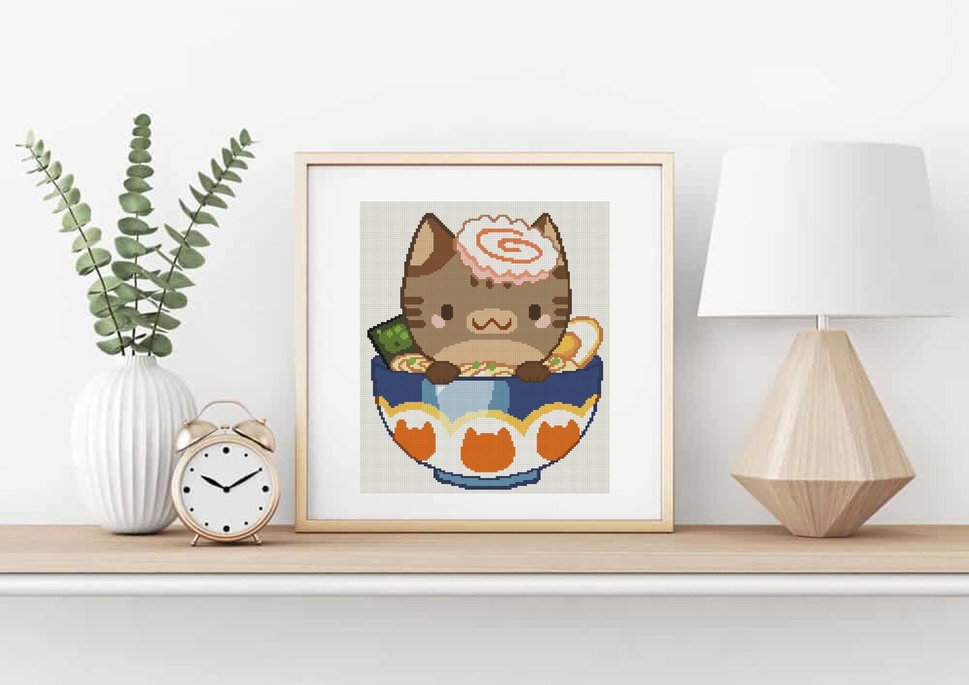 Brown Tabby Ramen Bowl Cat Cross Stitch Pattern