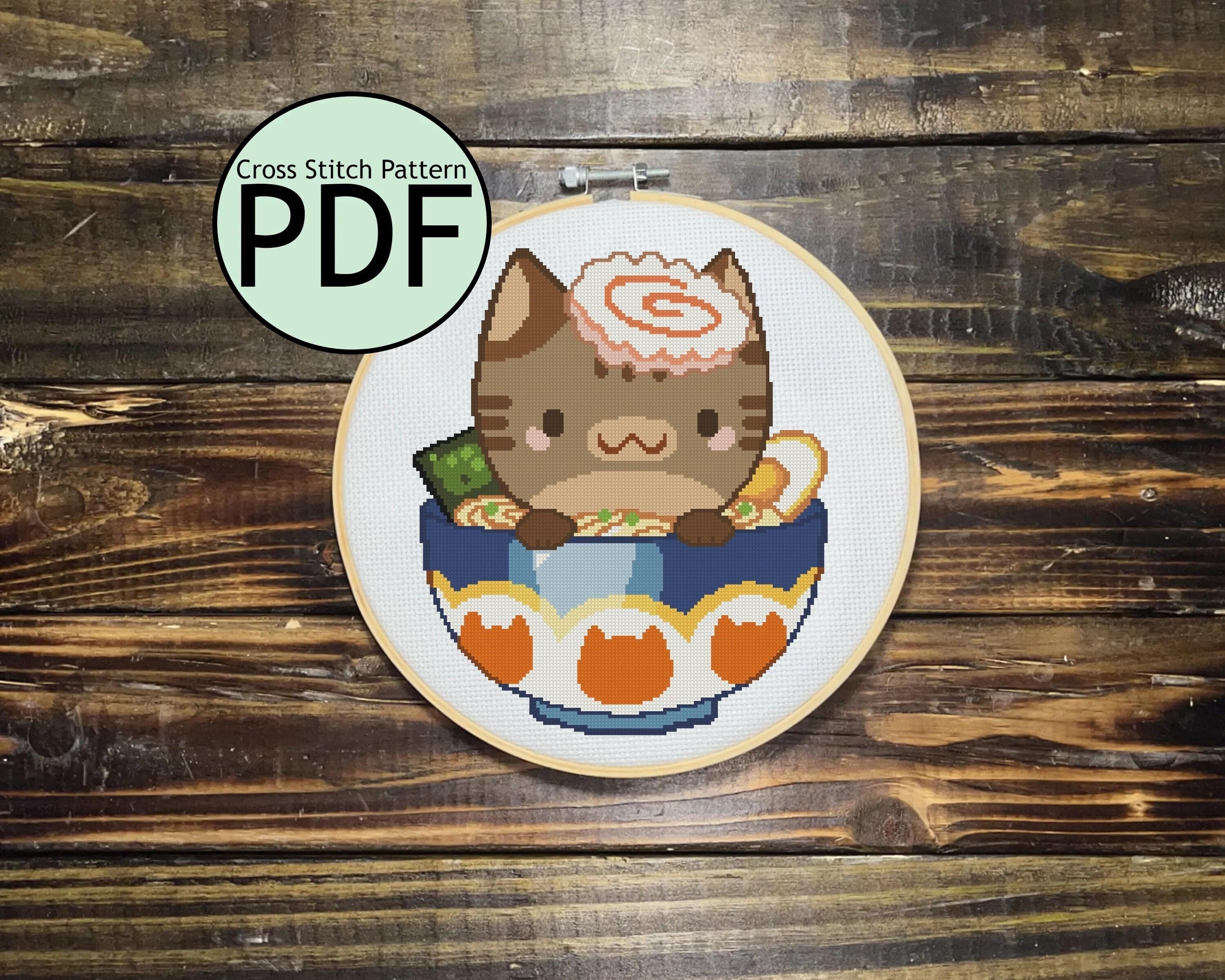 Brown Tabby Ramen Bowl Cat Cross Stitch Pattern