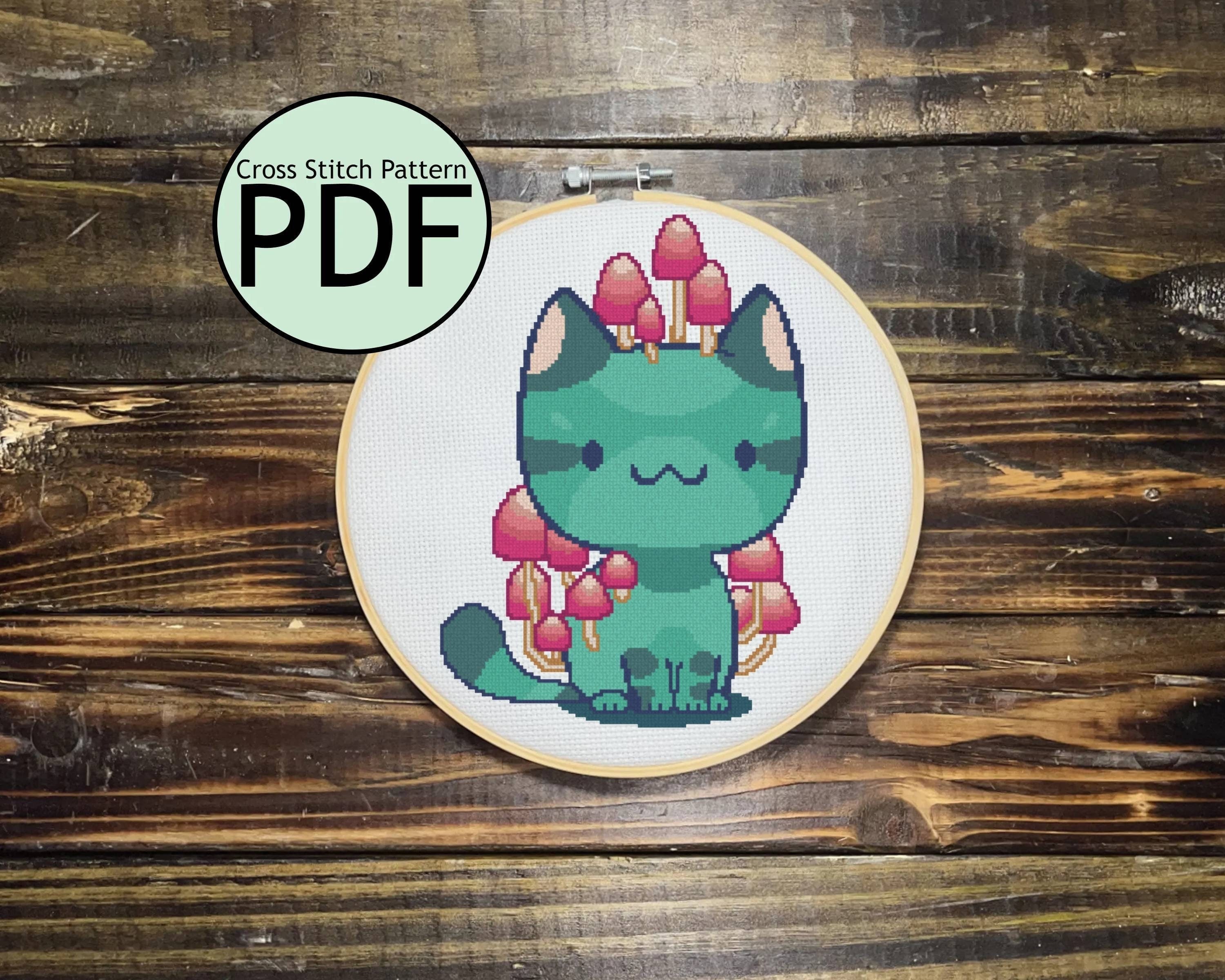 Bioluminescent Fungi Cat Cross Stitch Pattern