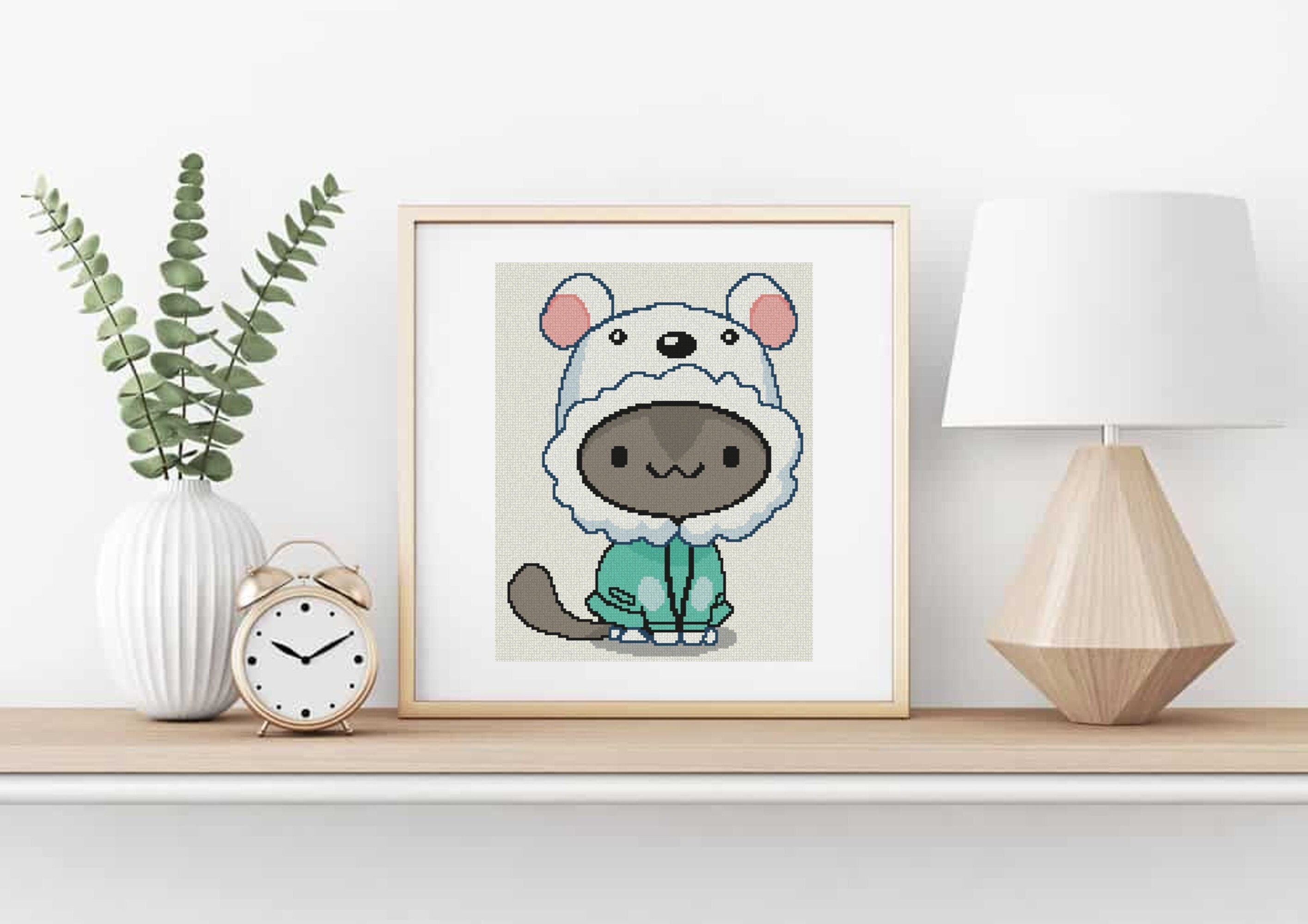 Cat with Polar Bear Hat Cross Stitch Pattern