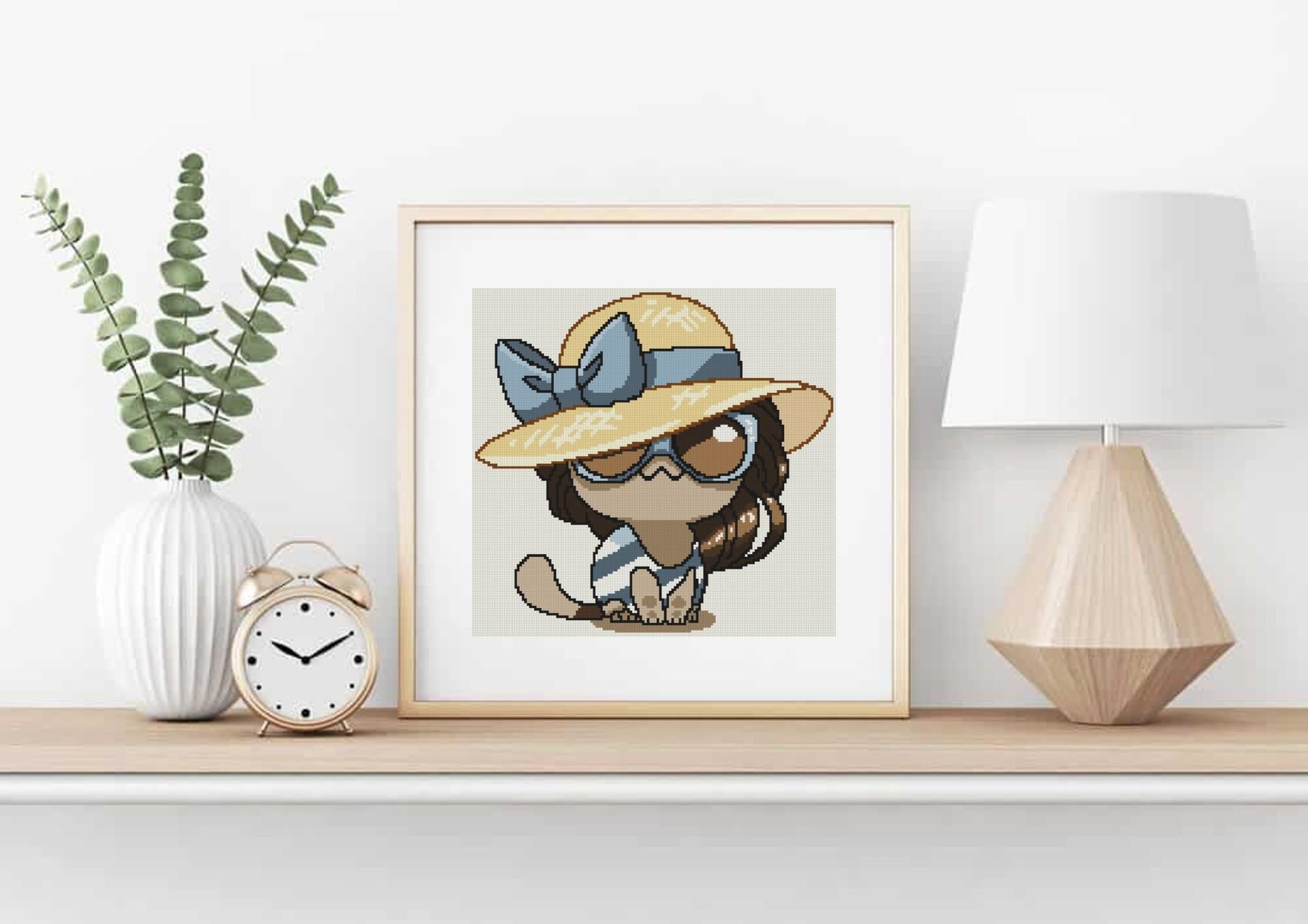 Cat with Sun Hat Cross Stitch Pattern