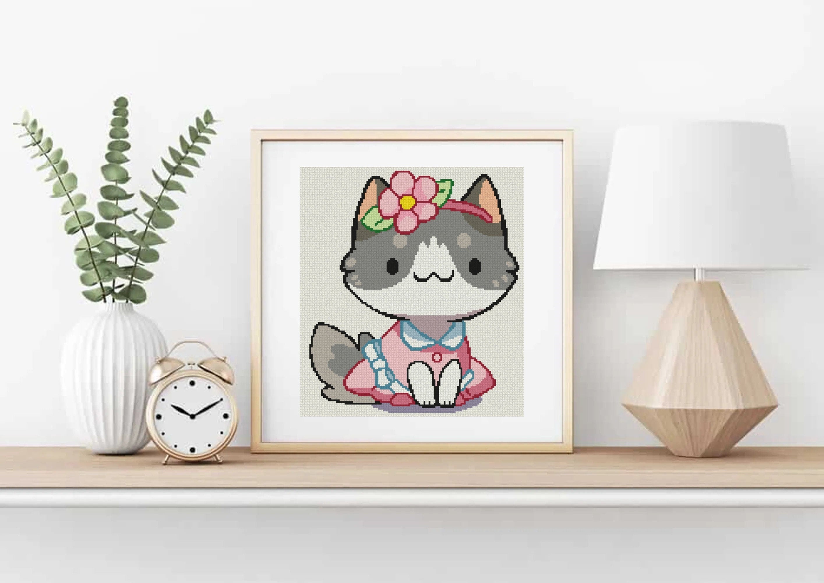 Cat with Flower Headband Cross Stitch Pattern