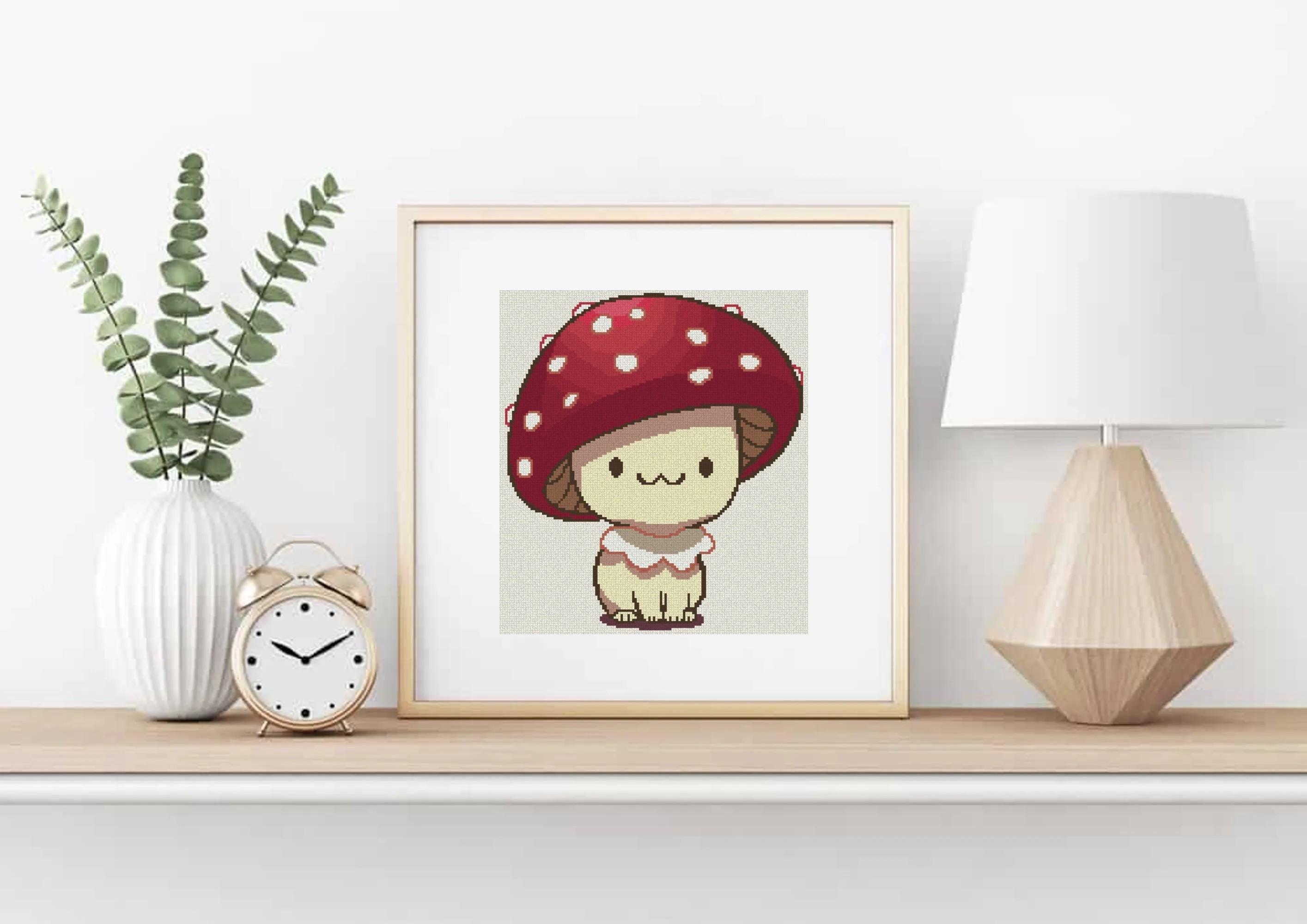 Red Cap Mushroom Cat Cross Stitch Pattern