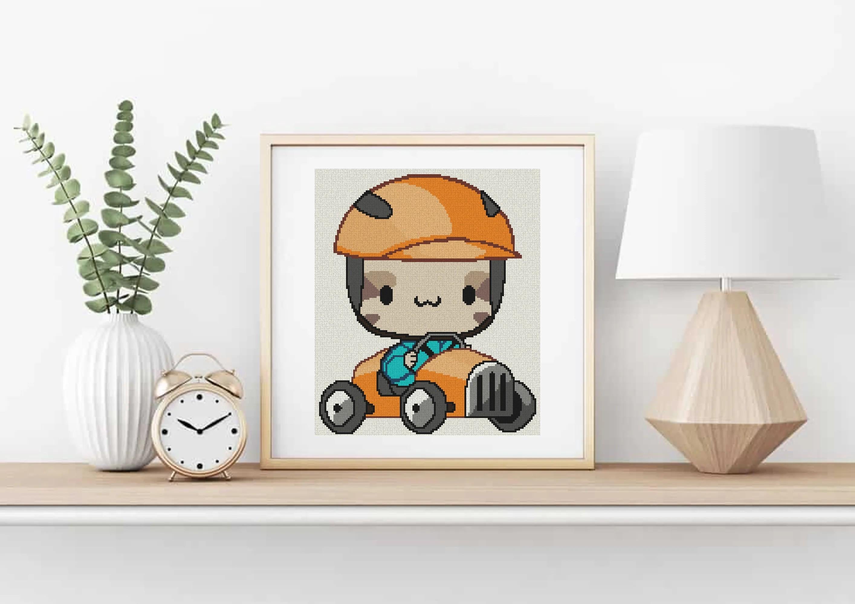 Cat in Little Racecar Cross Stitch Pattern