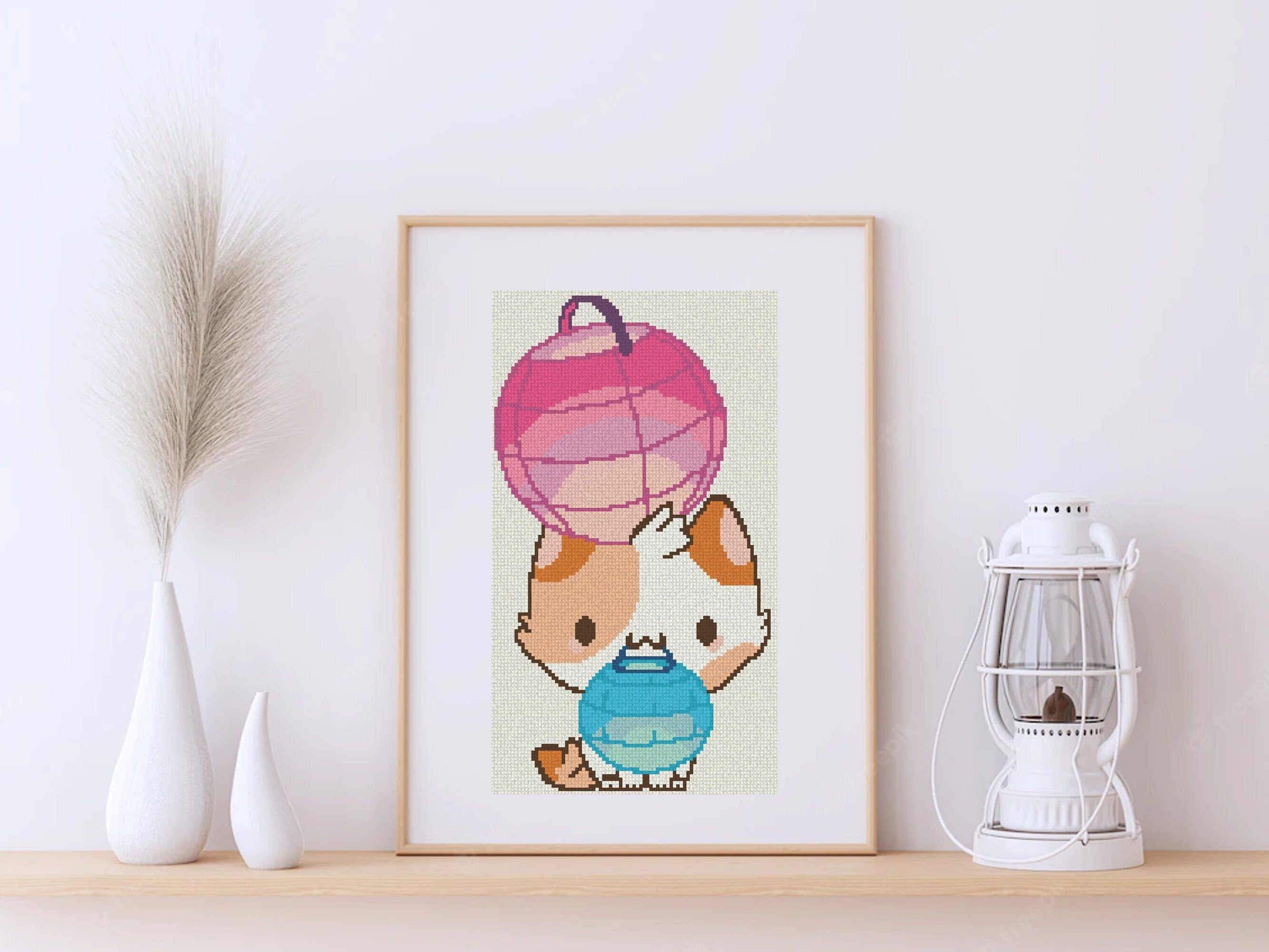 Cat with Two Lanterns Cross Stitch Pattern