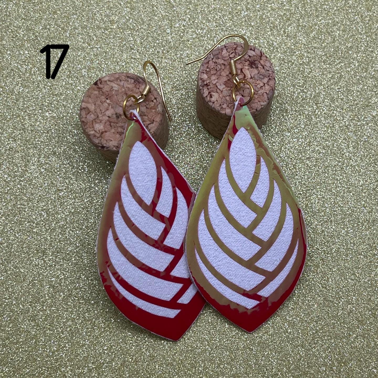 White Leather Earrings with Pink Iridescence Overlay