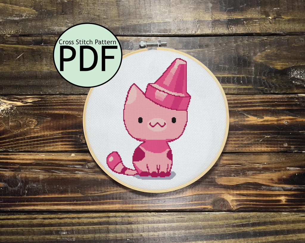 Pink Crayon Cat Cross Stitch Pattern