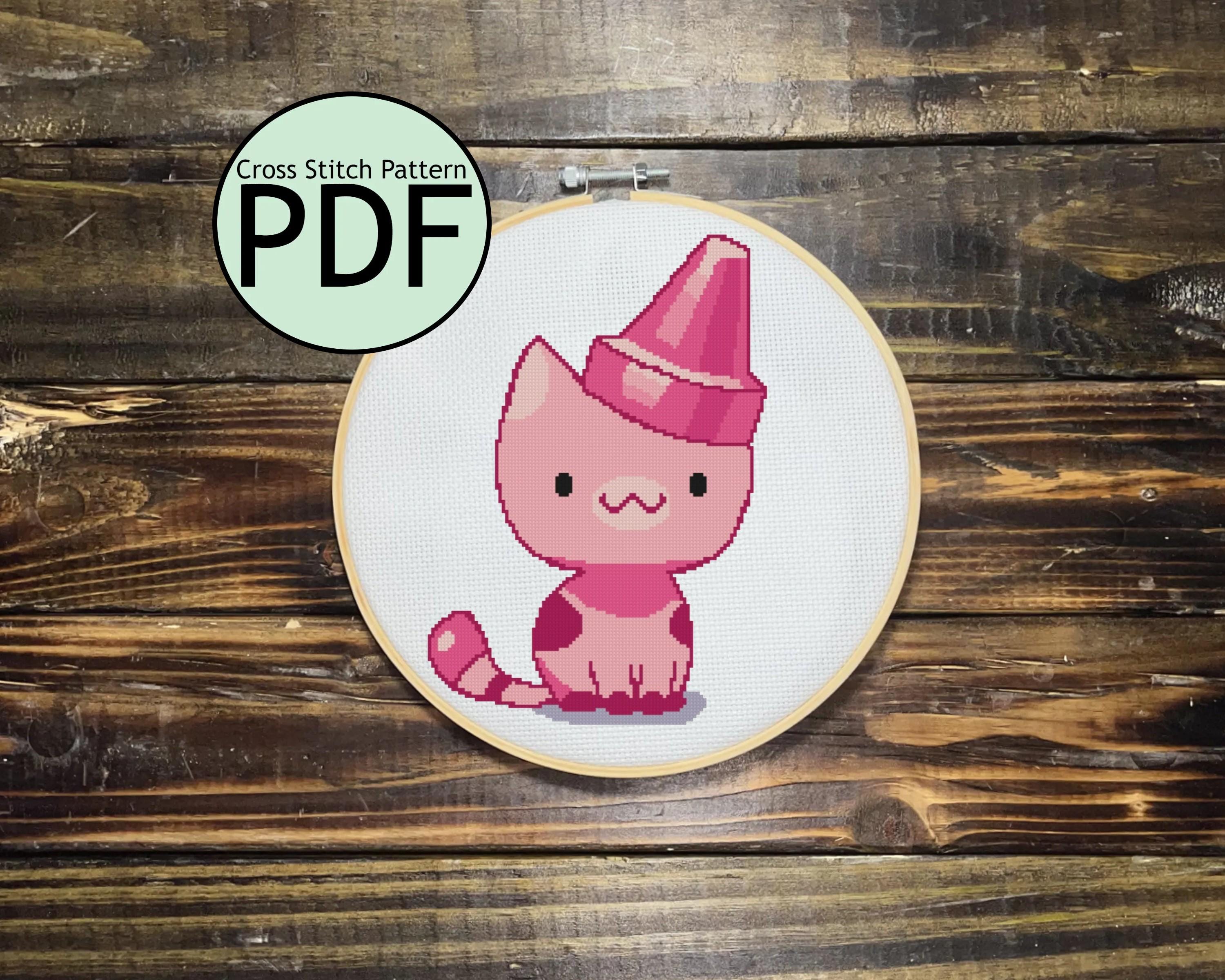 Pink Crayon Cat Cross Stitch Pattern