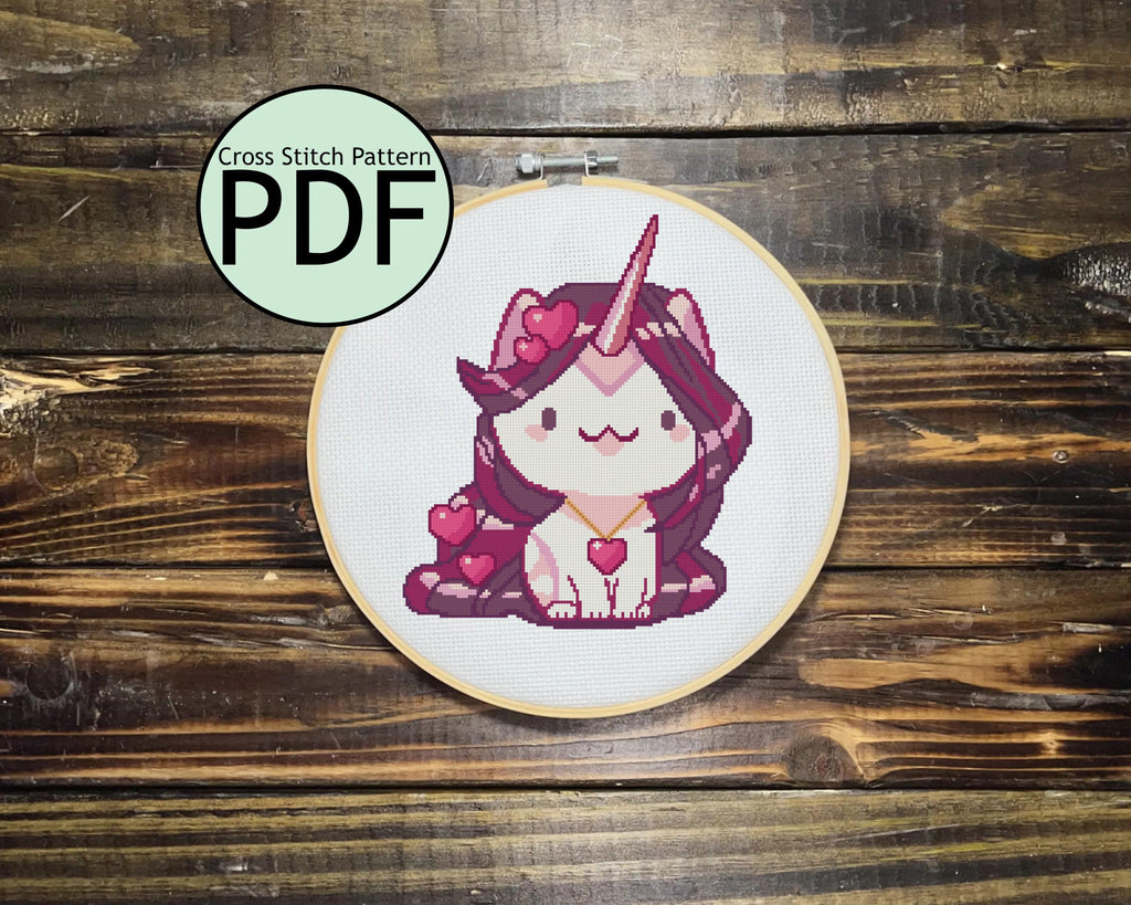 Purple Heart Unicorn Cat Cross Stitch