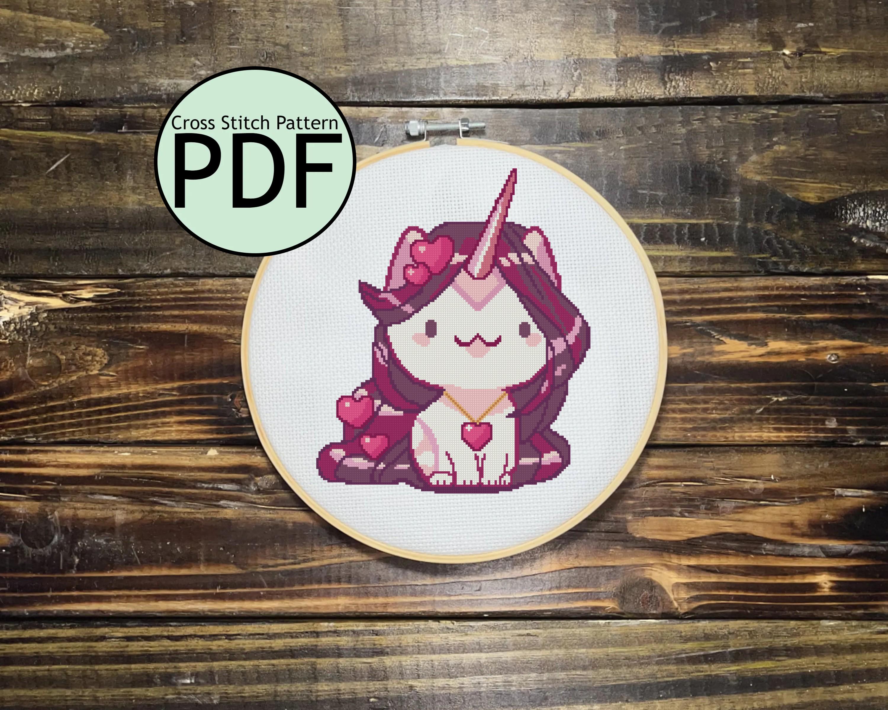 Purple Heart Unicorn Cat Cross Stitch