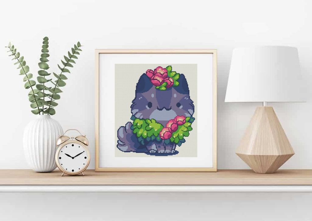 Cat with Flower Wreath Cross Stitch Pattern