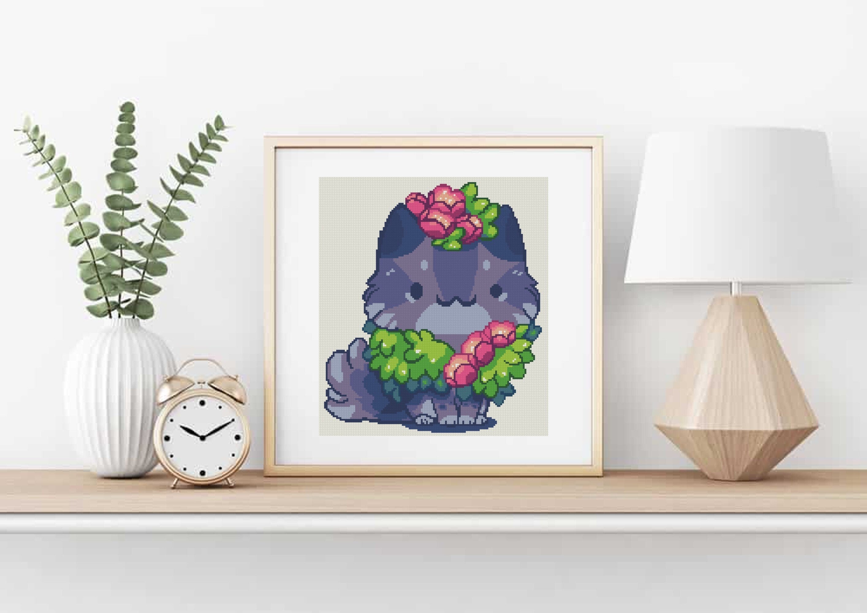 Cat with Flower Wreath Cross Stitch Pattern