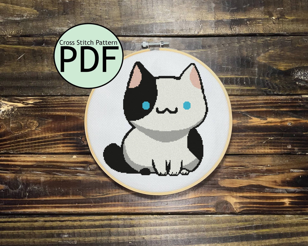 Fat White and Black Cat Cross Stitch Pattern