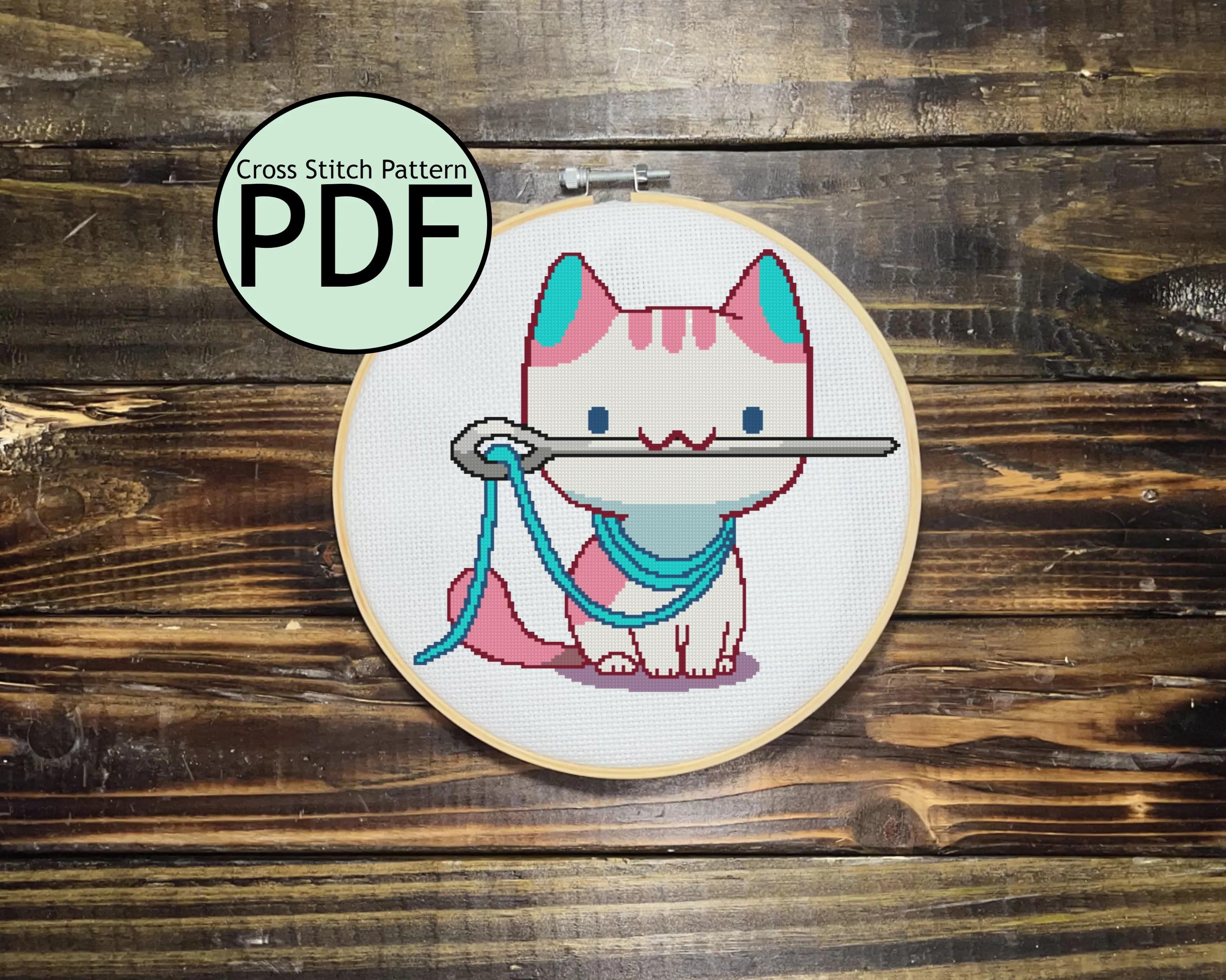 Needle and Thread Cat Cross Stitch Pattern