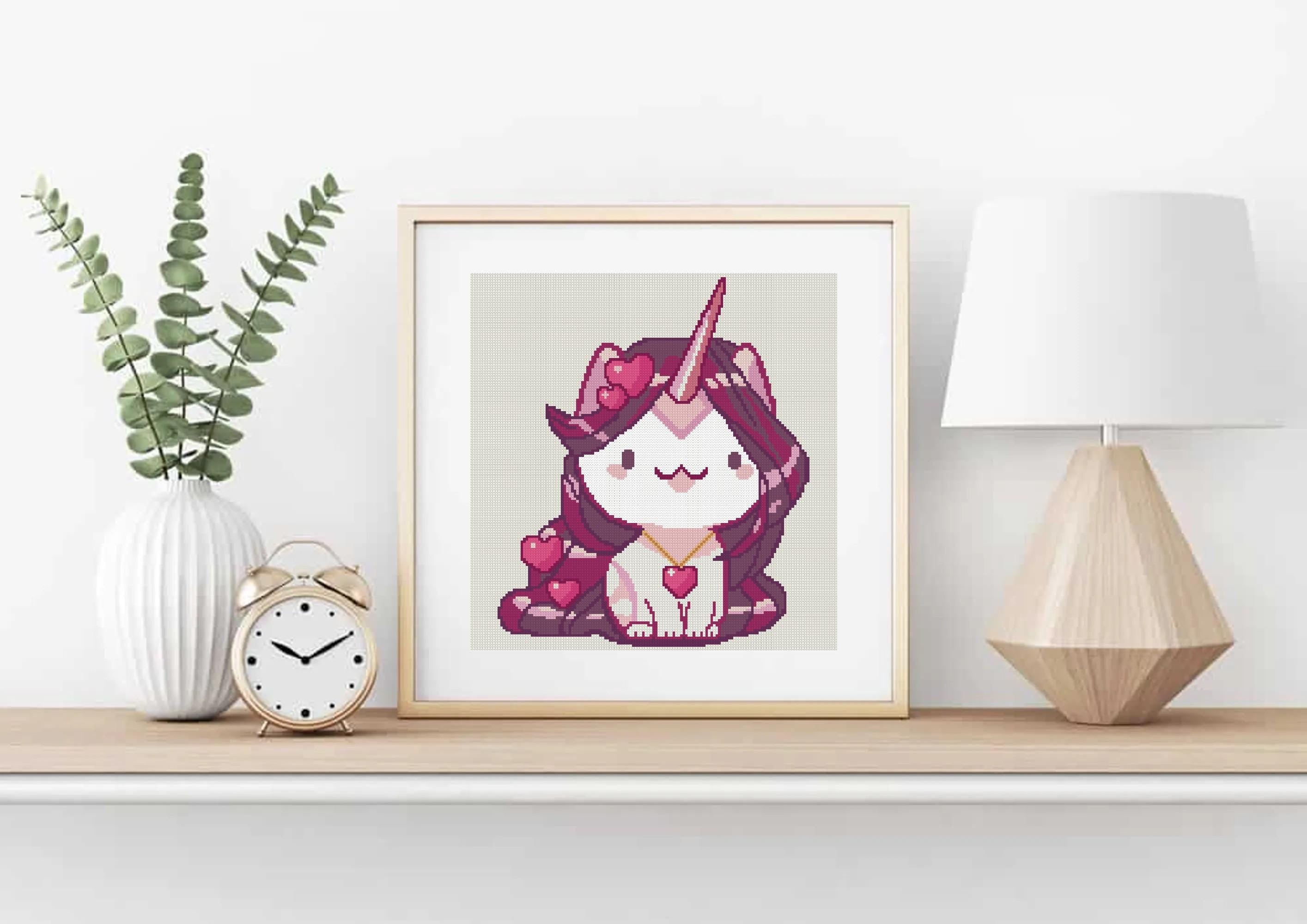 Purple Heart Unicorn Cat Cross Stitch