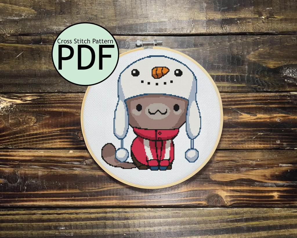 Cat with Snowman Hat Cross Stitch Pattern