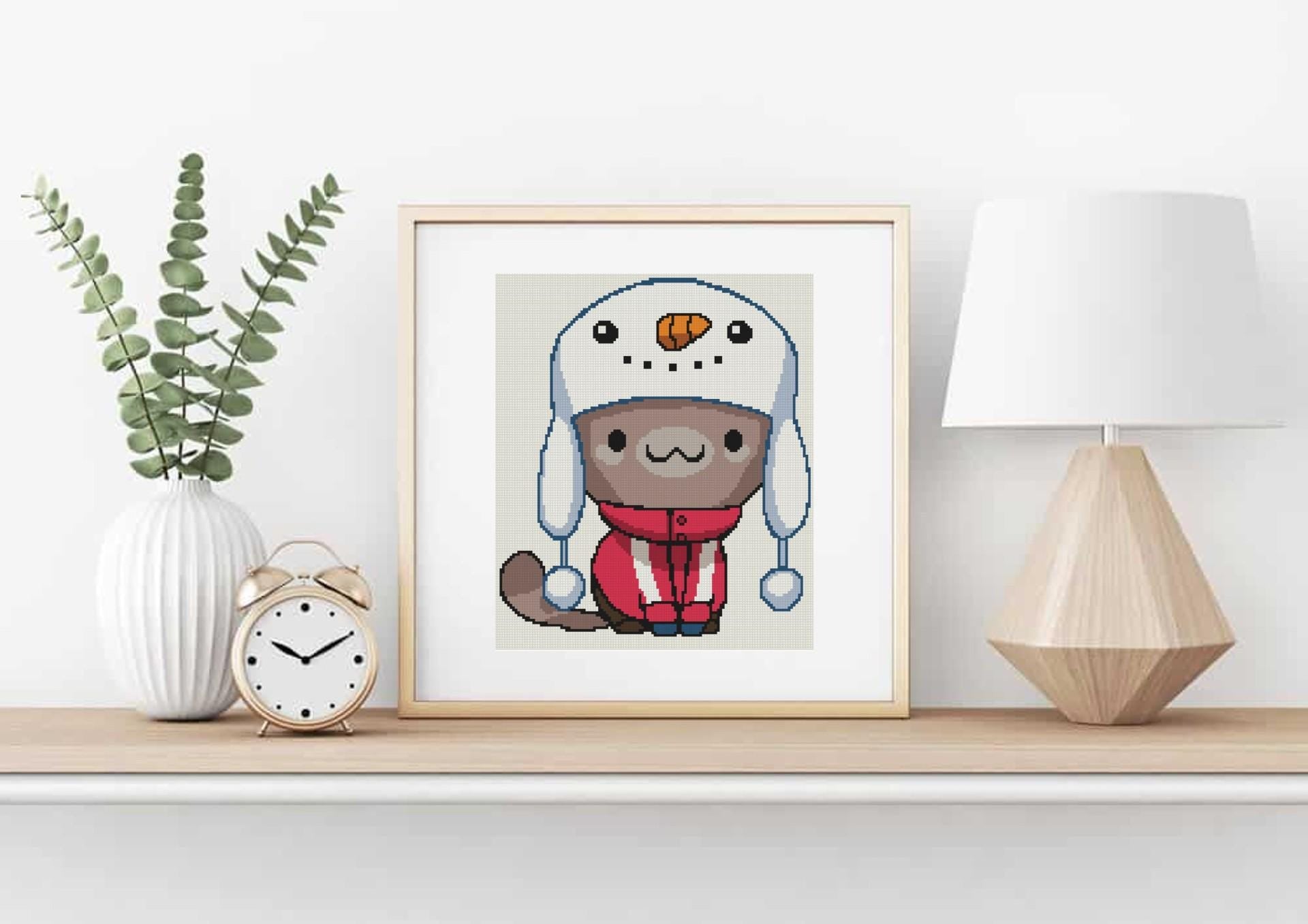 Cat with Snowman Hat Cross Stitch Pattern