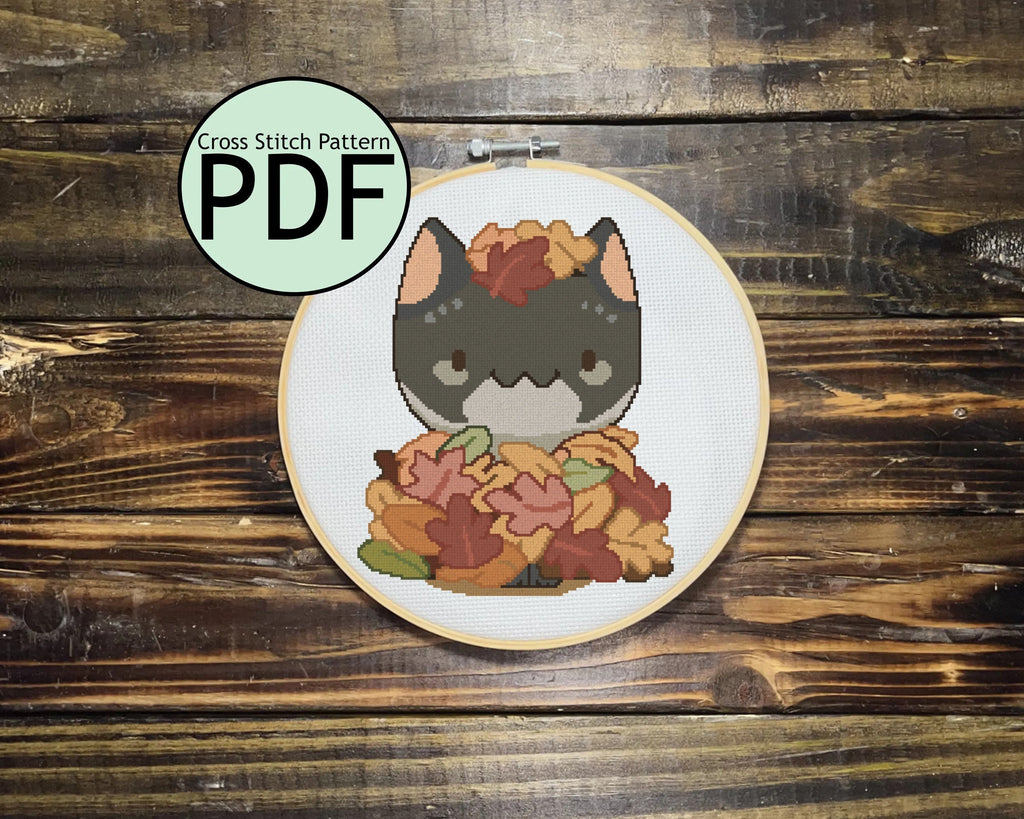 Leaf Pile Cat Cross Stitch Pattern