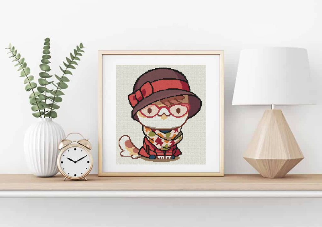 Cat with Leaf Scarf Cross Stitch Pattern