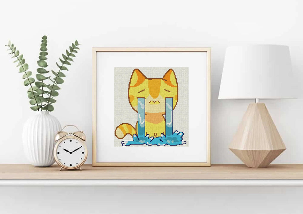 Crying Emoji Cat Cross Stitch Pattern