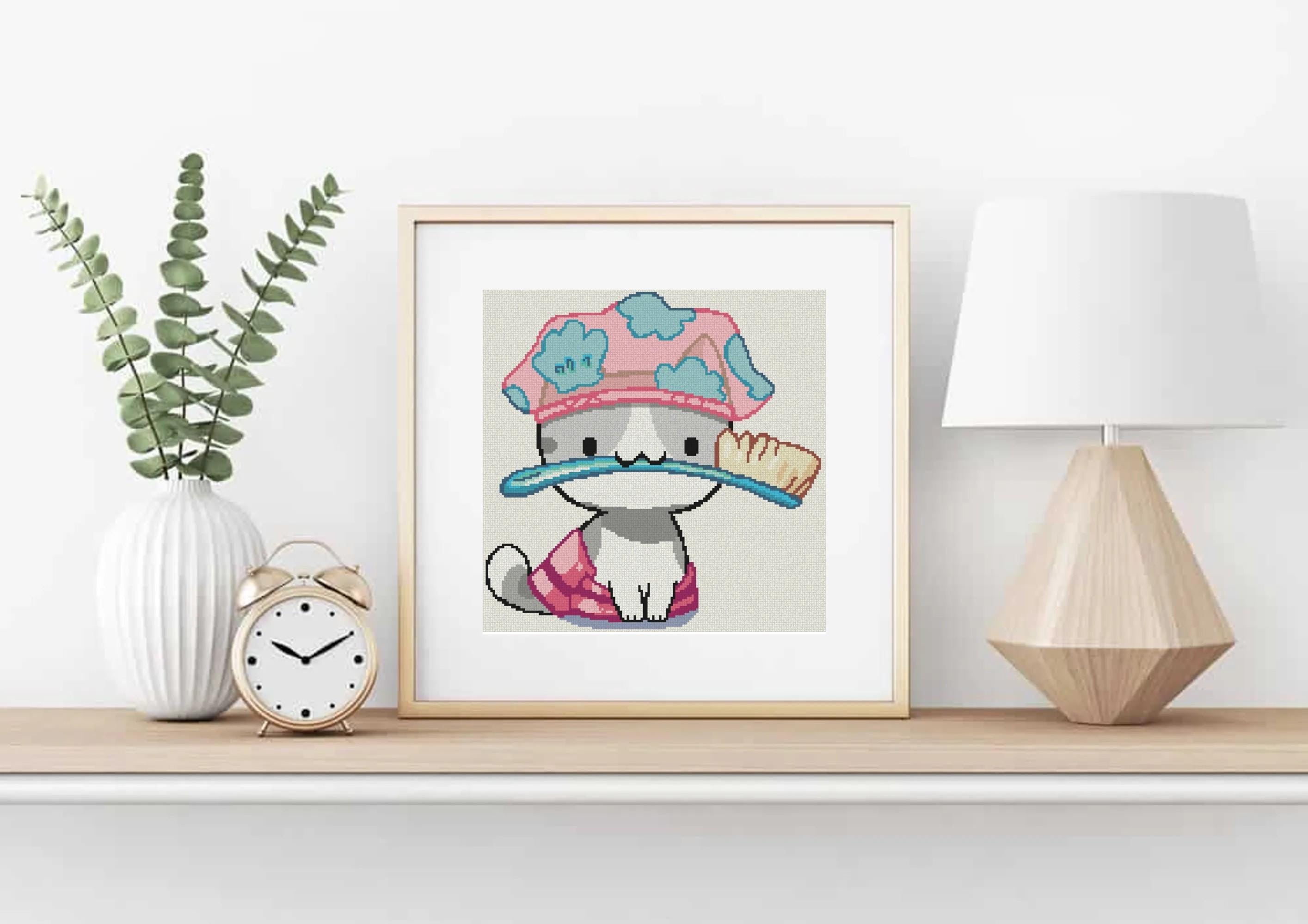 Cat with Shower Cap Cross Stitch Pattern