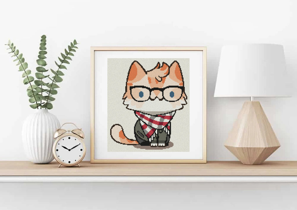 Fall Boy Cat Cross Stitch Pattern