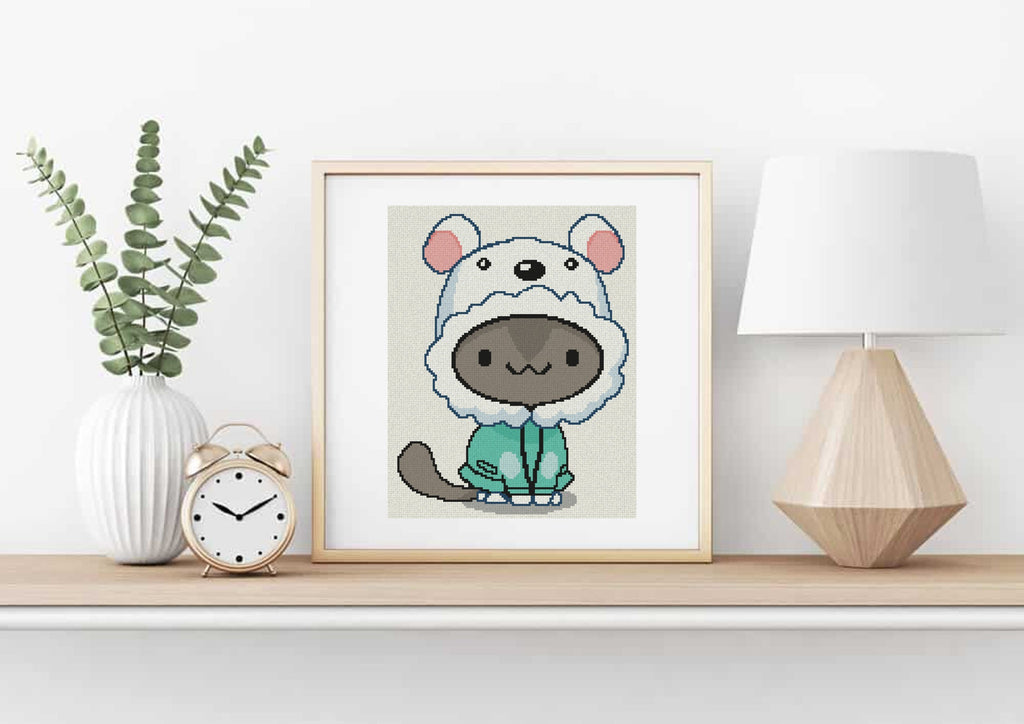 Cat with Polar Bear Hat Cross Stitch Pattern