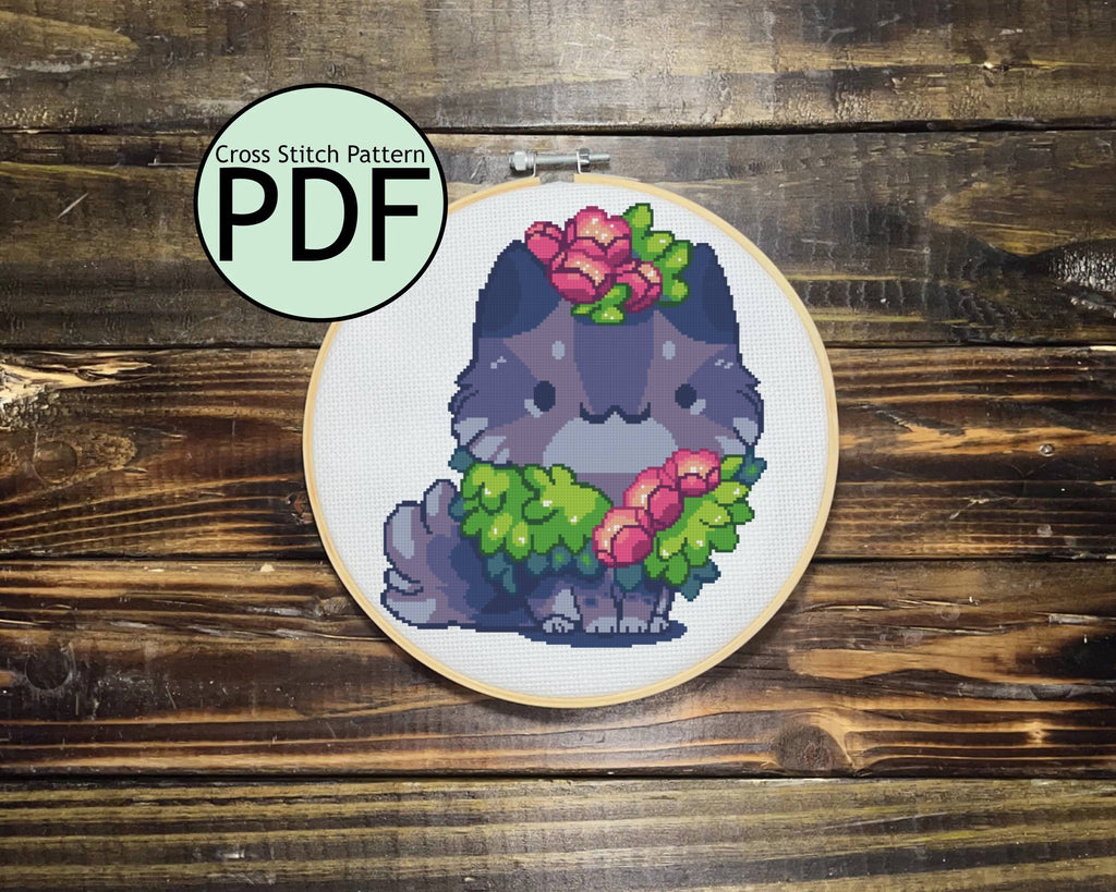 Cat with Flower Wreath Cross Stitch Pattern