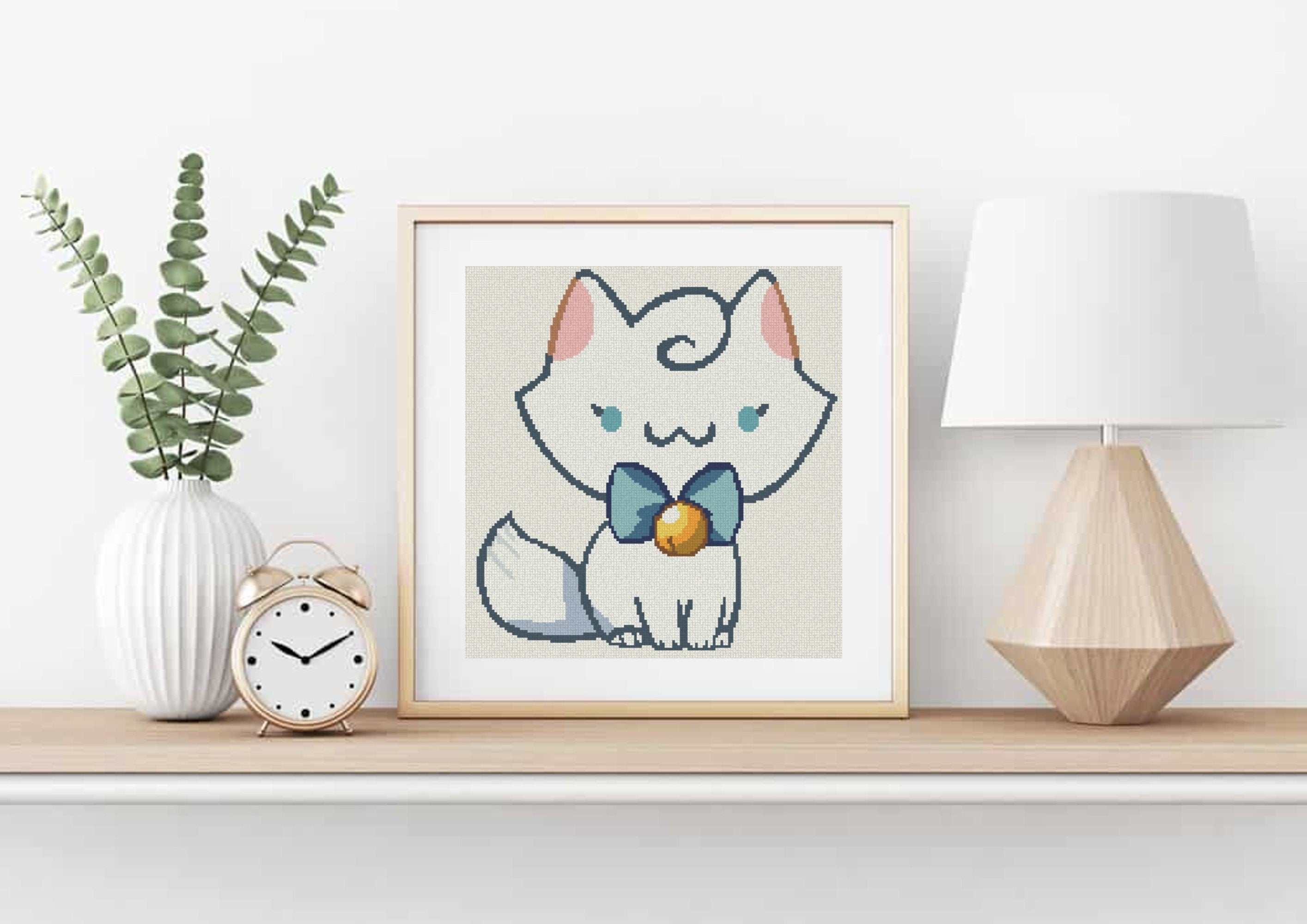 Fancy White Cat Cross Stitch Pattern
