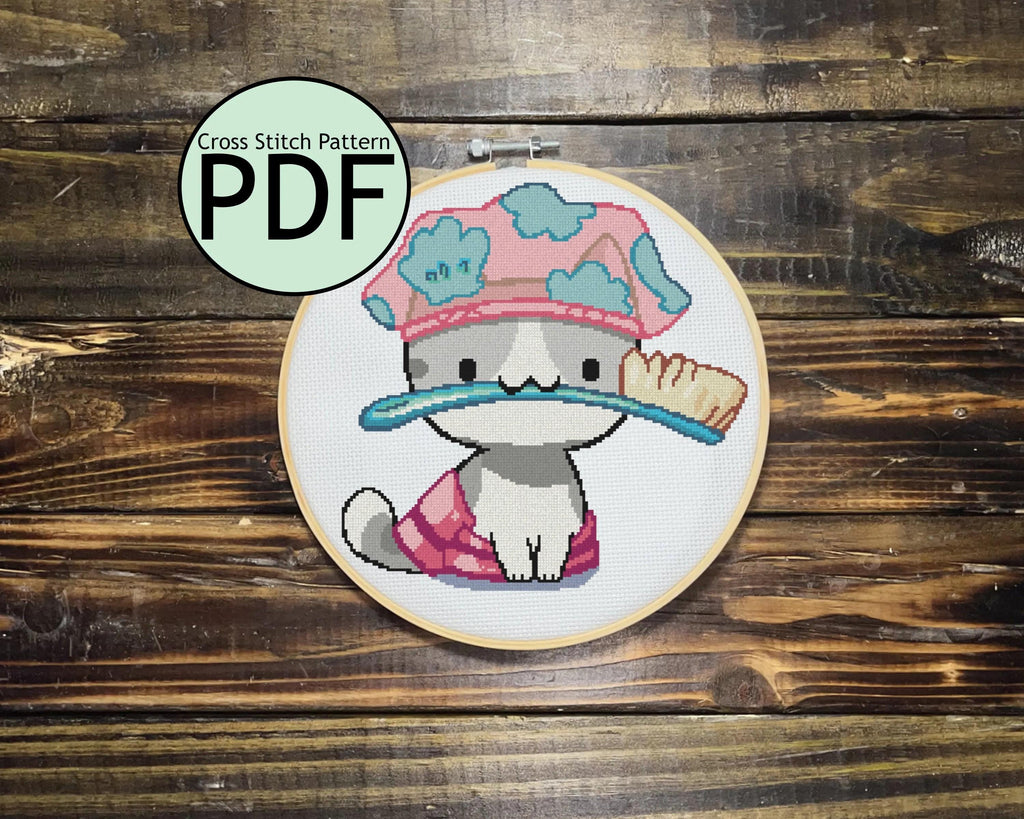 Cat with Shower Cap Cross Stitch Pattern