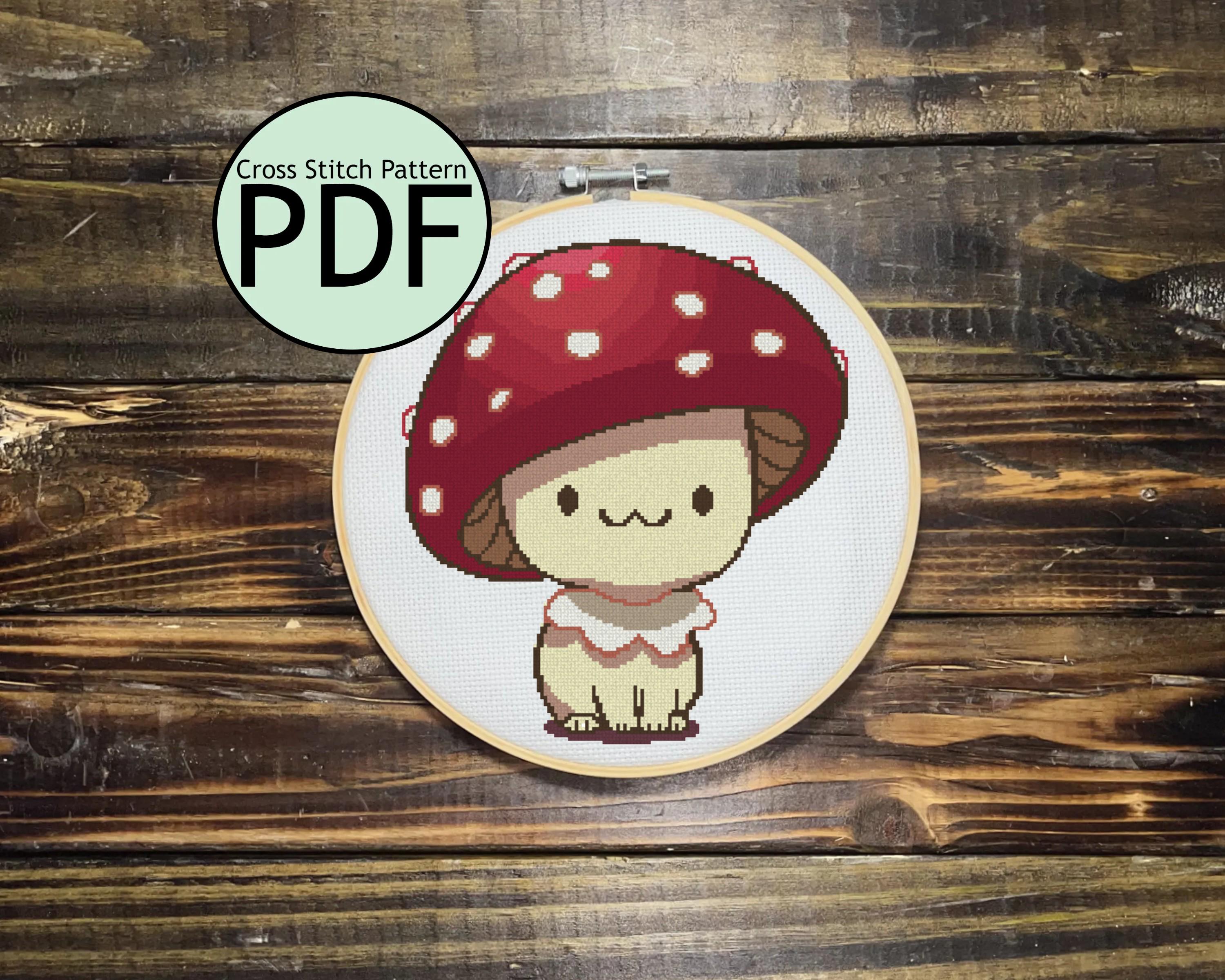 Red Cap Mushroom Cat Cross Stitch Pattern