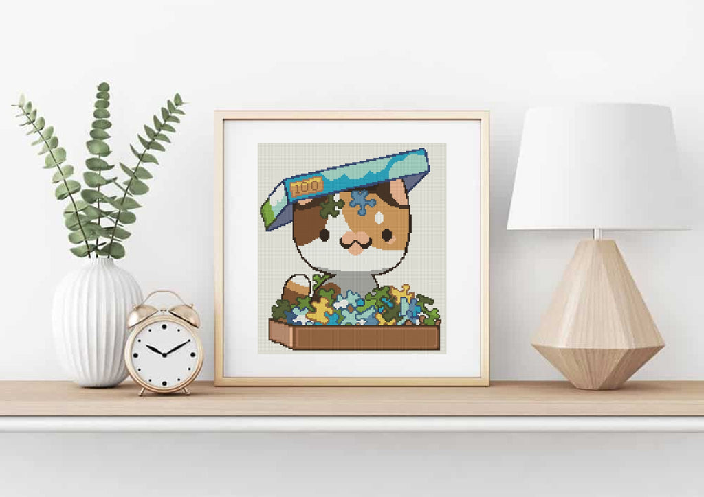 Cat in Puzzle Box Cross Stitch Pattern