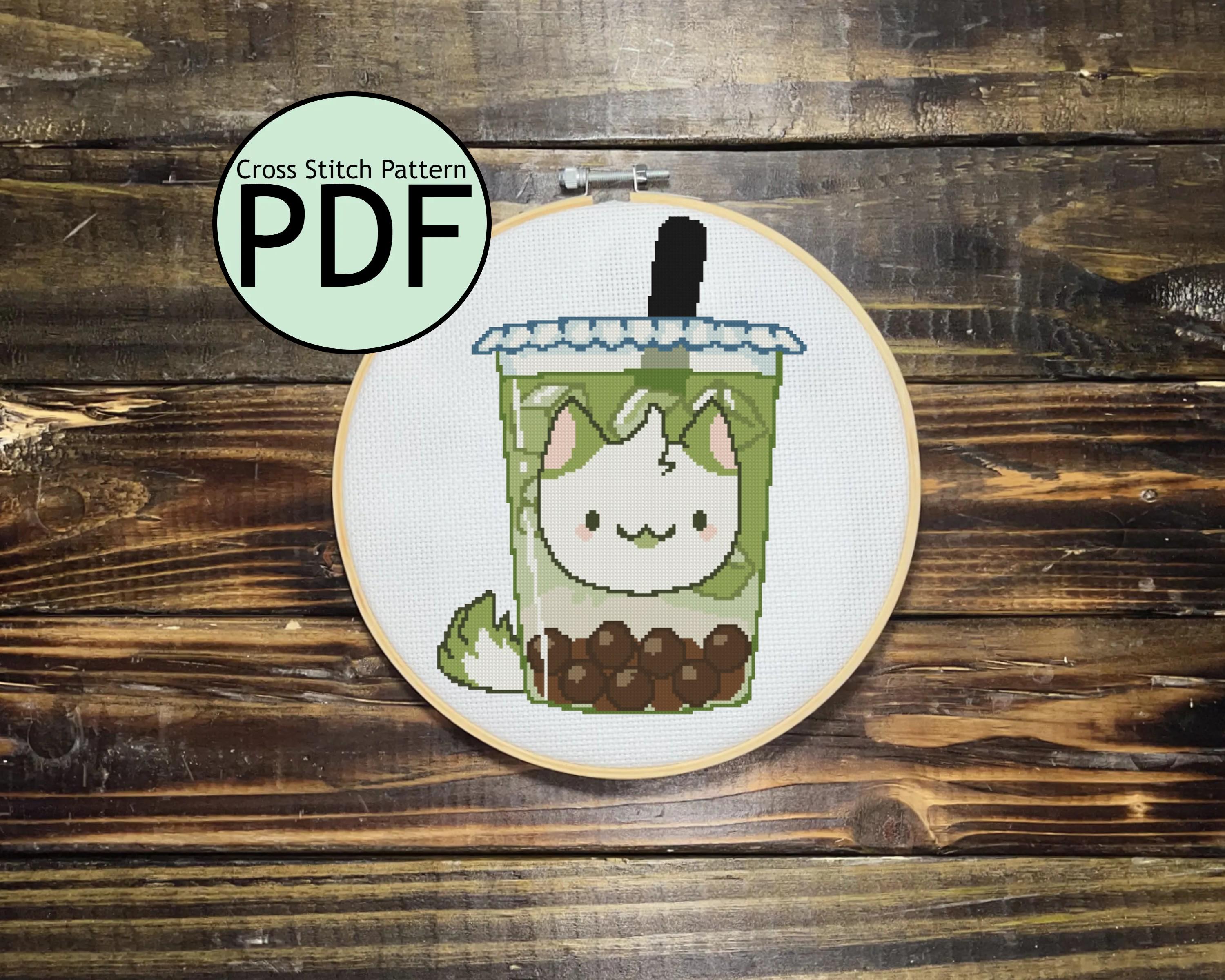 Matcha Boba Tea Cat Cross Stitch Pattern