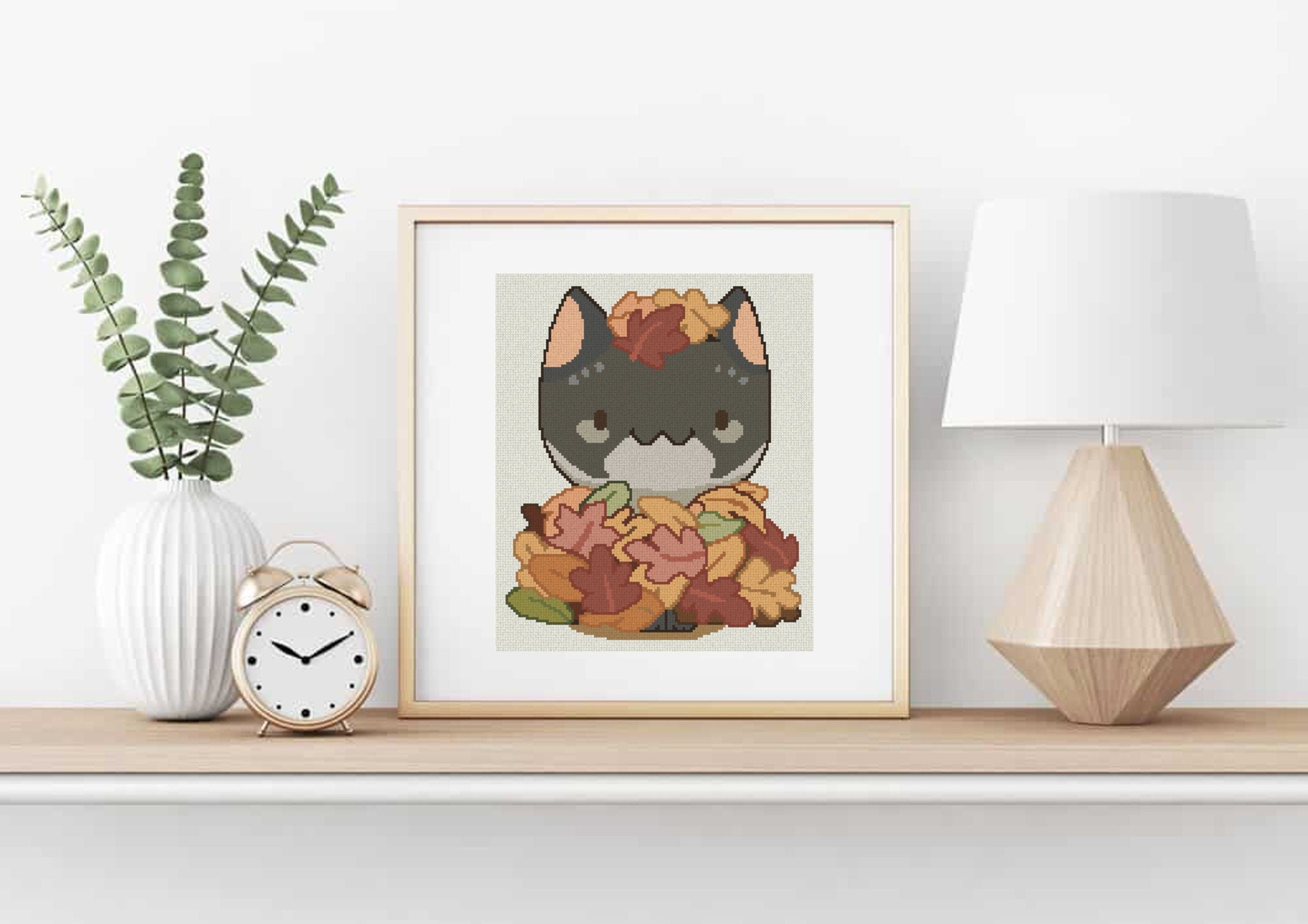 Leaf Pile Cat Cross Stitch Pattern