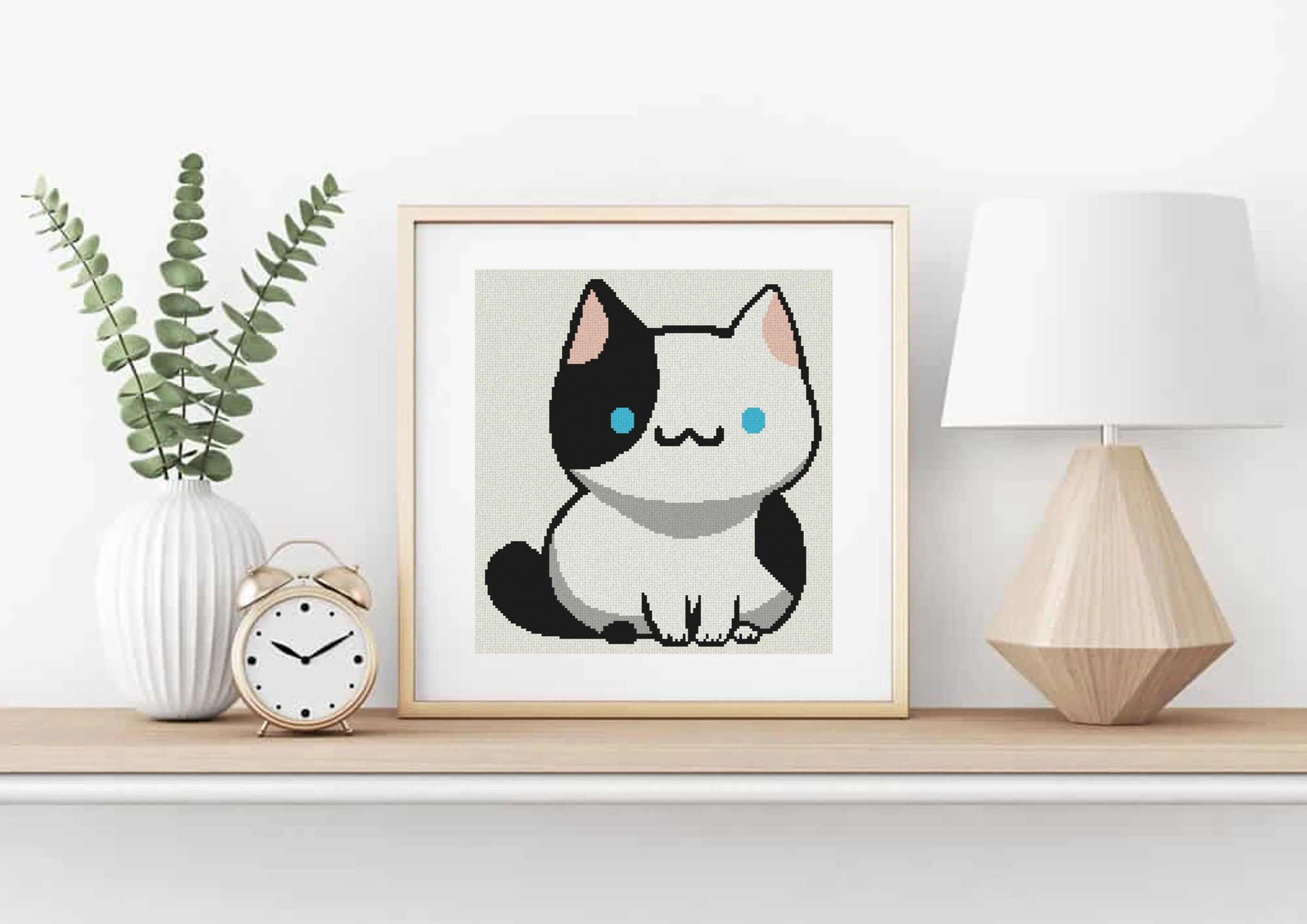 Fat White and Black Cat Cross Stitch Pattern
