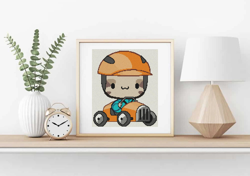 Cat in Little Racecar Cross Stitch Pattern