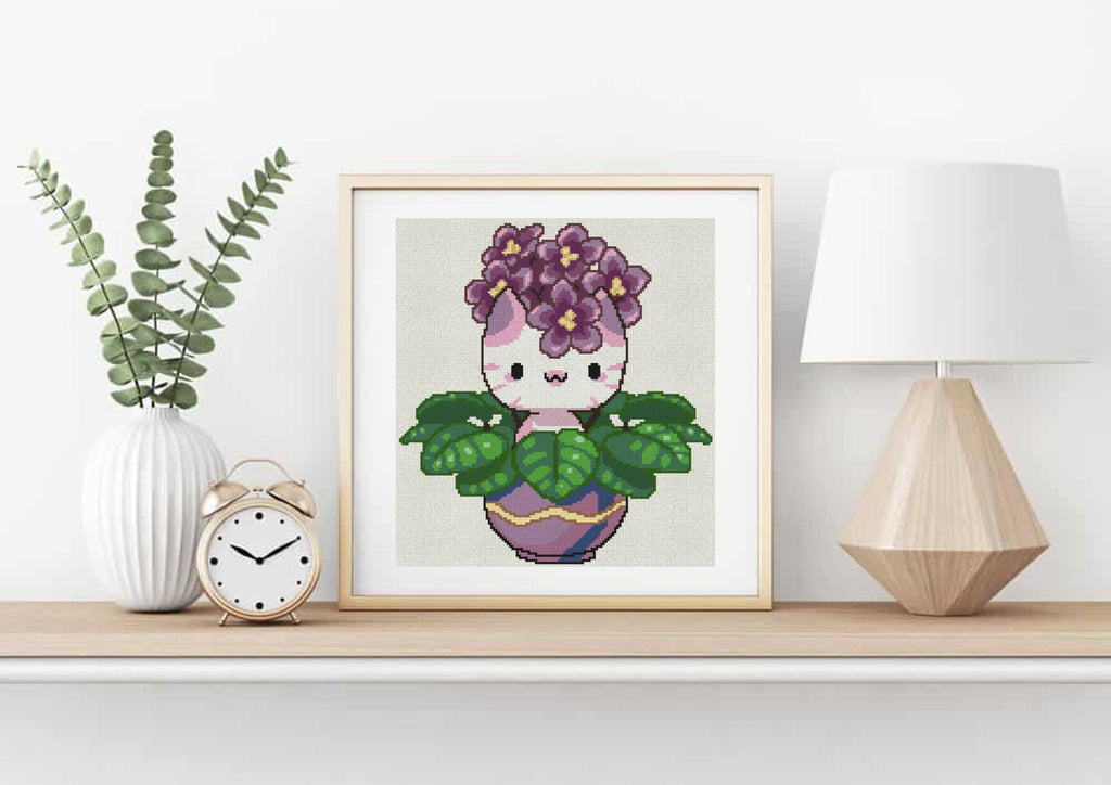 African Violet Cat Cross Stitch Pattern