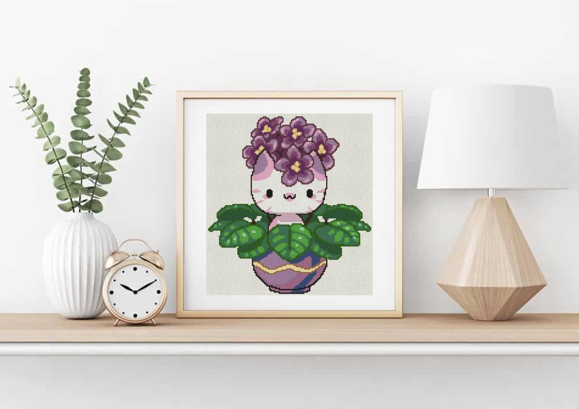 African Violet Cat Cross Stitch Pattern