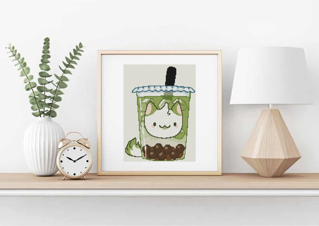 Matcha Boba Tea Cat Cross Stitch Pattern