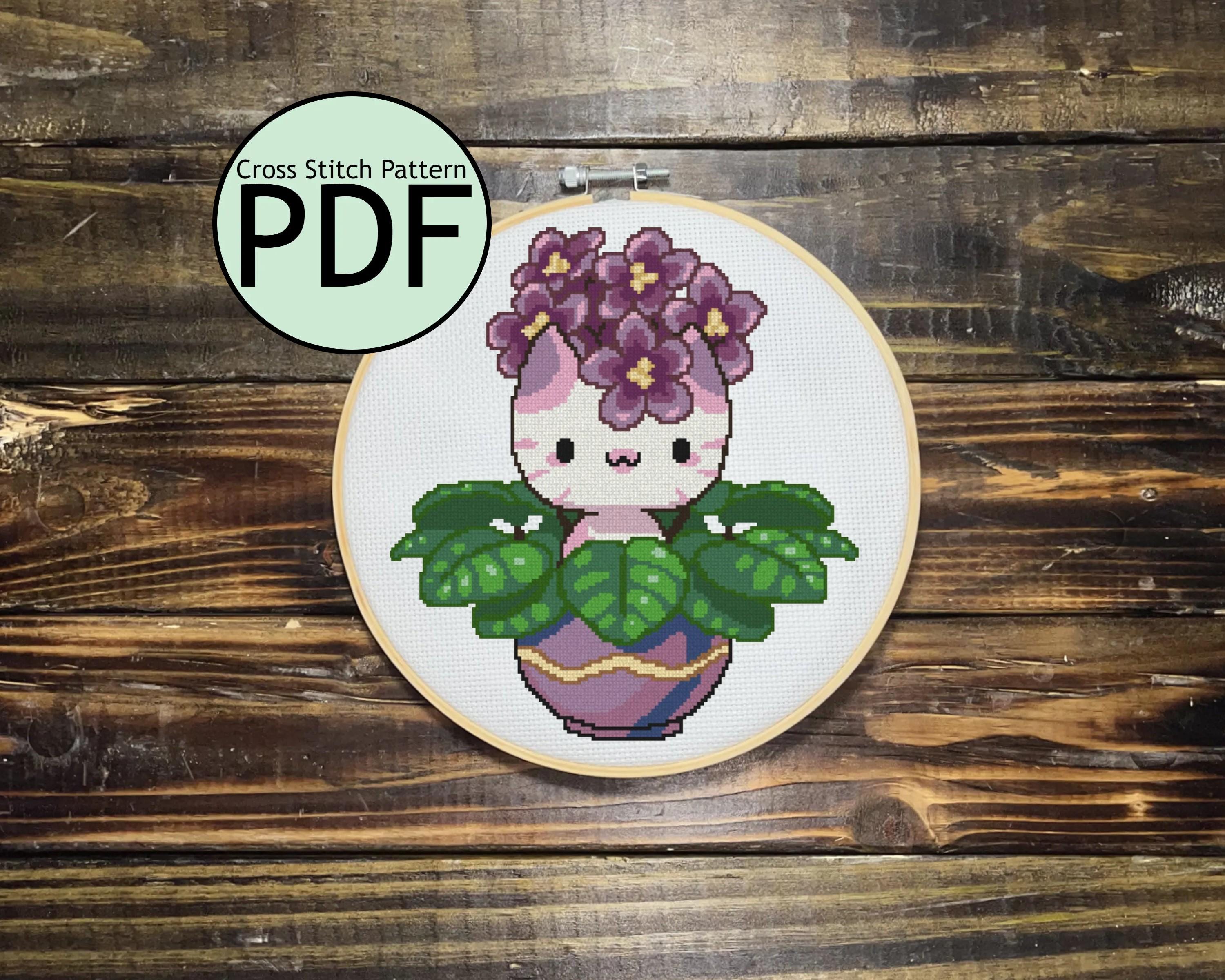 African Violet Cat Cross Stitch Pattern