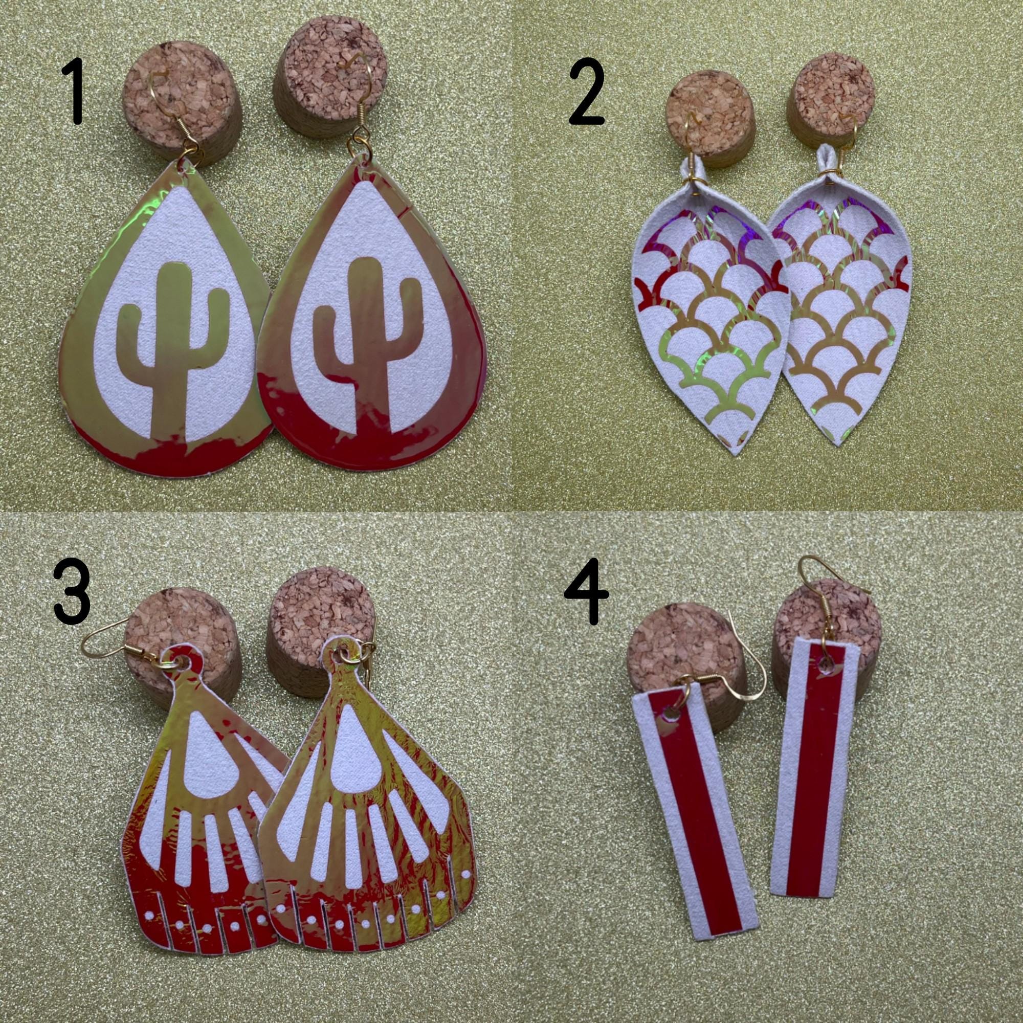 White Leather Earrings with Pink Iridescence Overlay