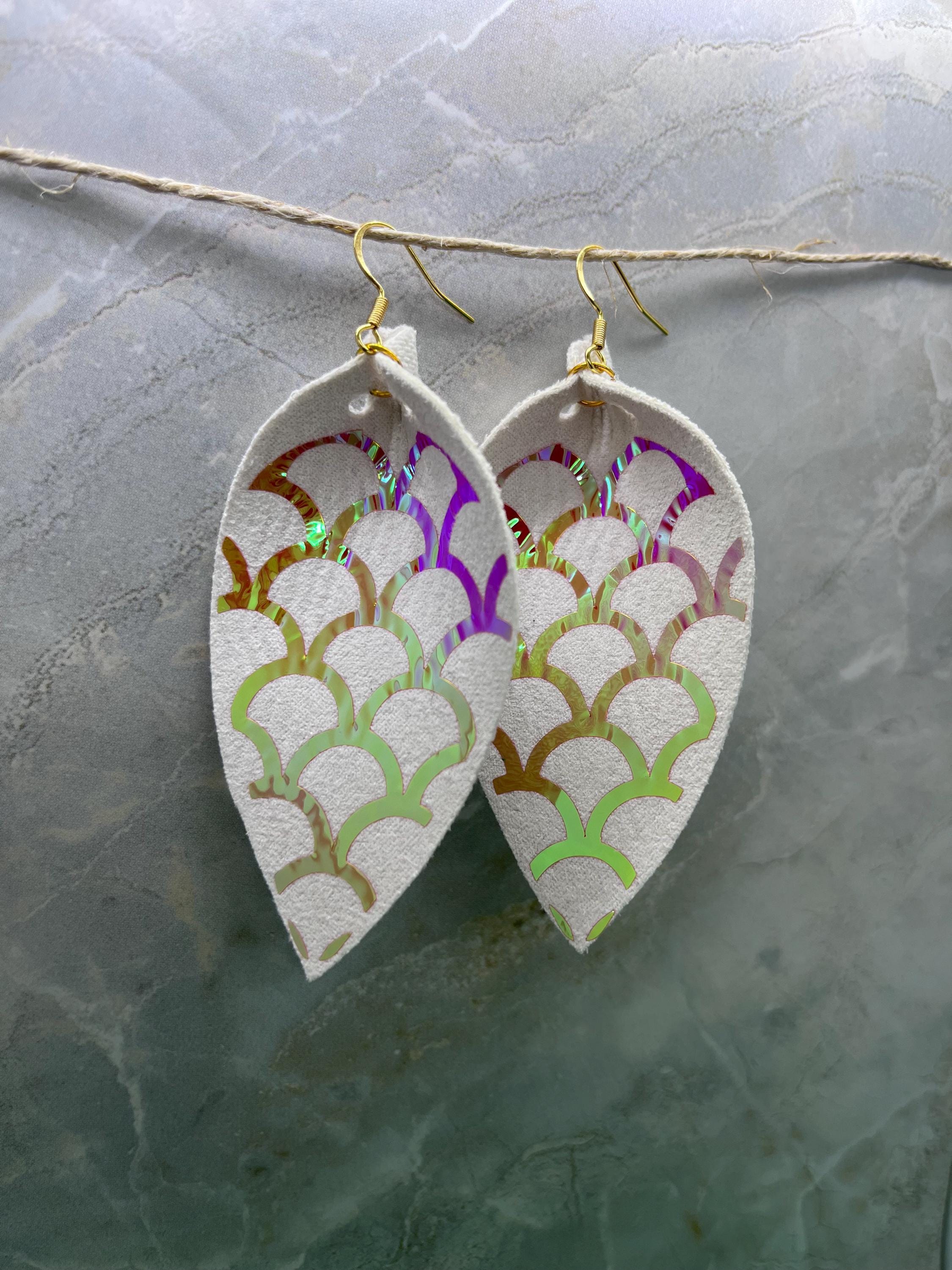 White Leather Earrings with Pink Iridescence Overlay