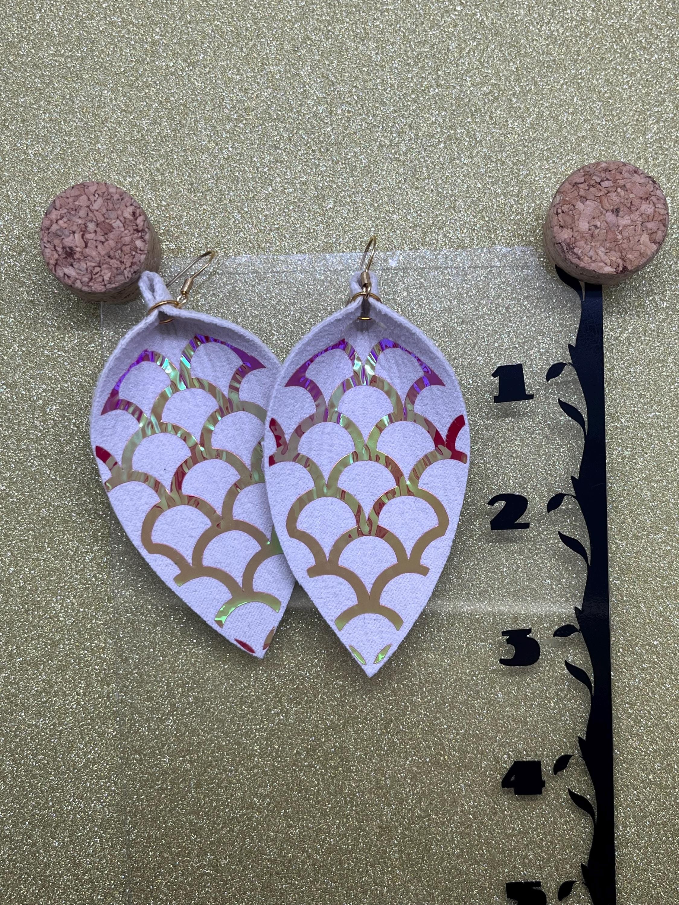 White Leather Earrings with Pink Iridescence Overlay